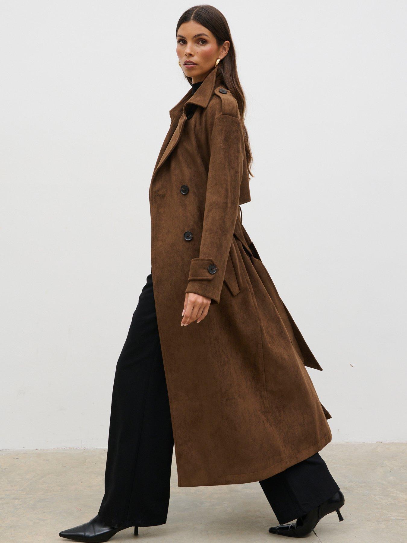Pretty Lavish Agnes Long Line Faux Suede Trench Coat - Brown