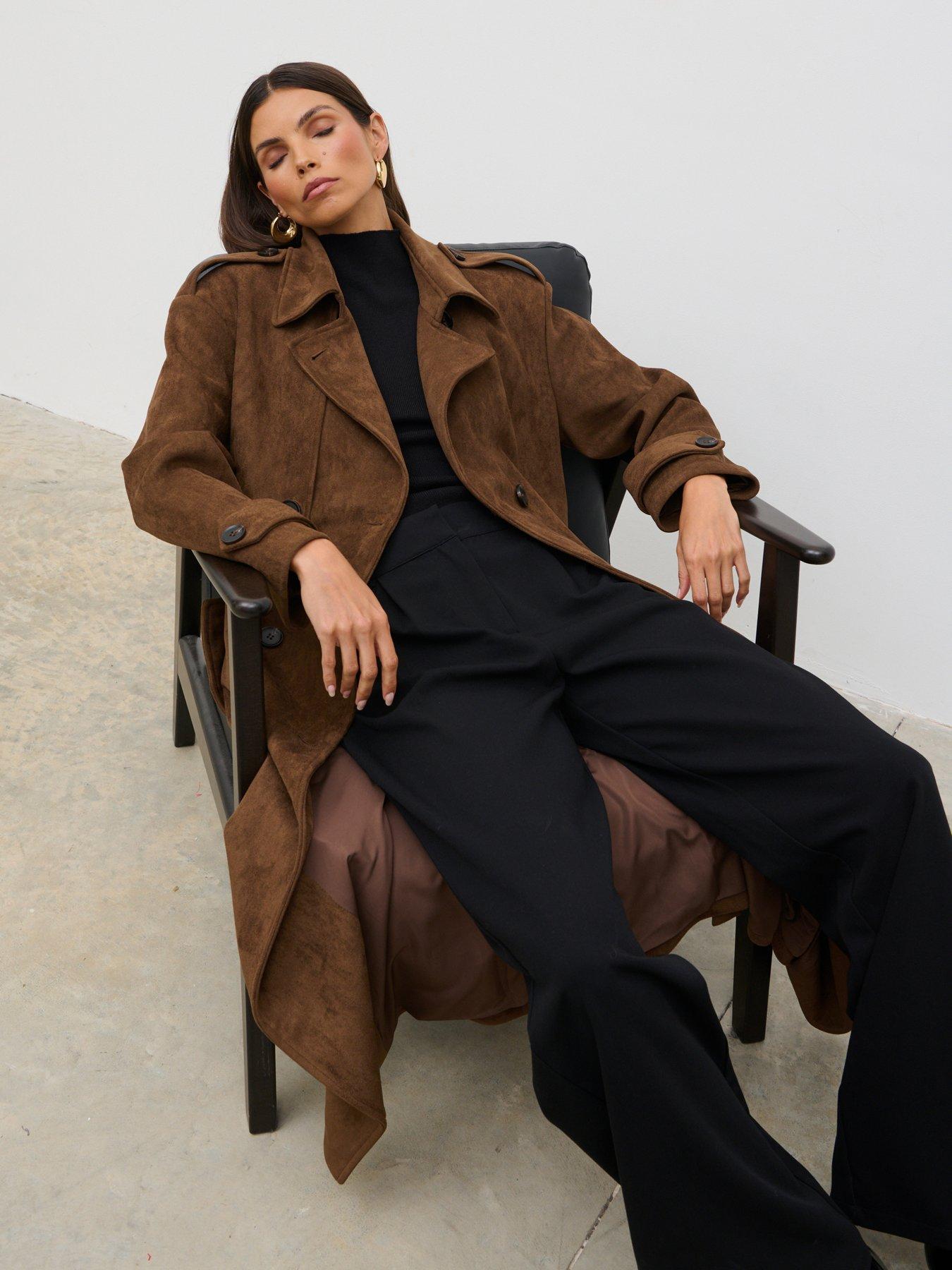 Pretty Lavish Agnes Long Line Faux Suede Trench Coat Brown Very