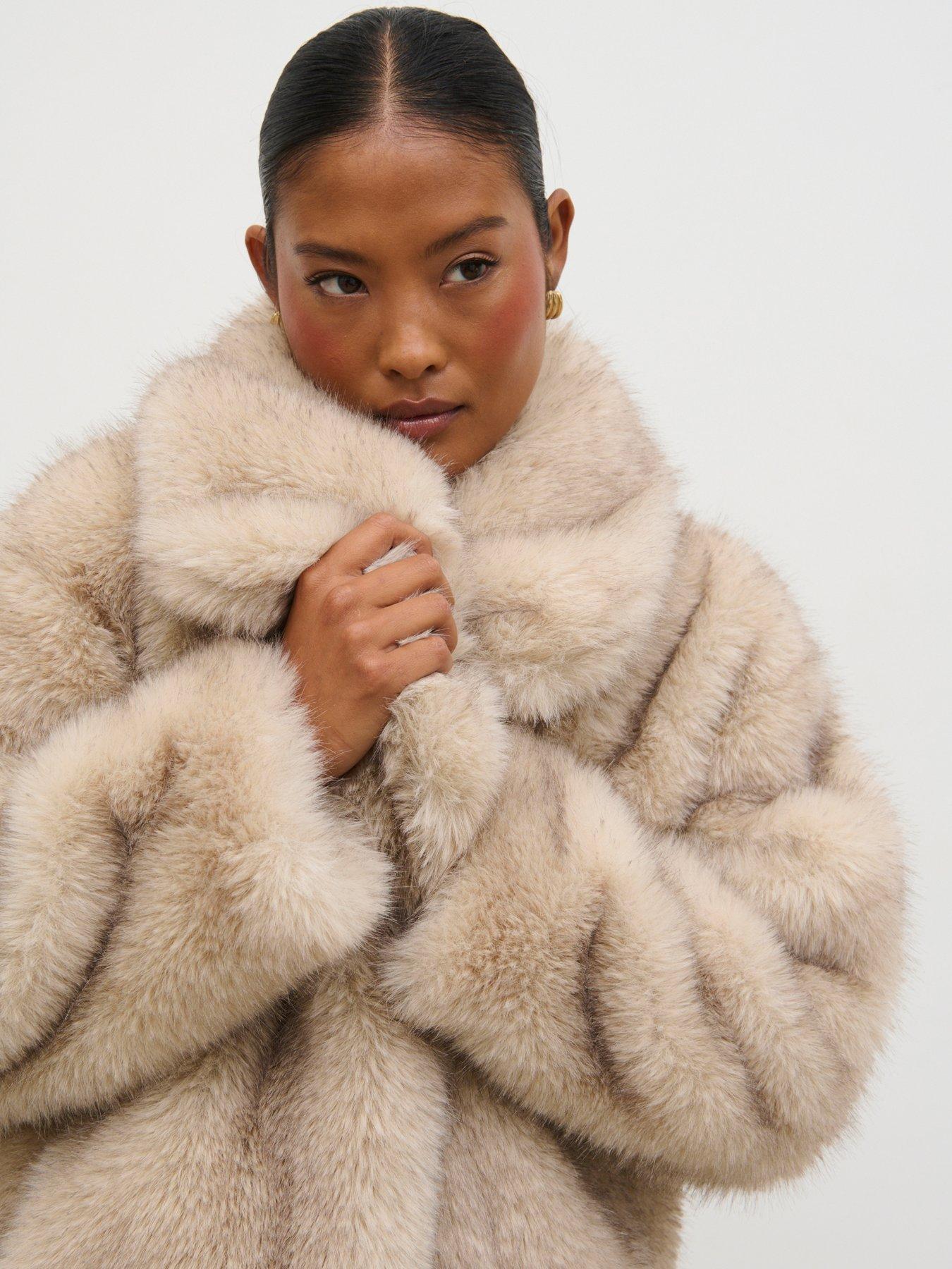 Pretty Lavish Agatha Exaggerated Collar Faux Fur Coat - Beige