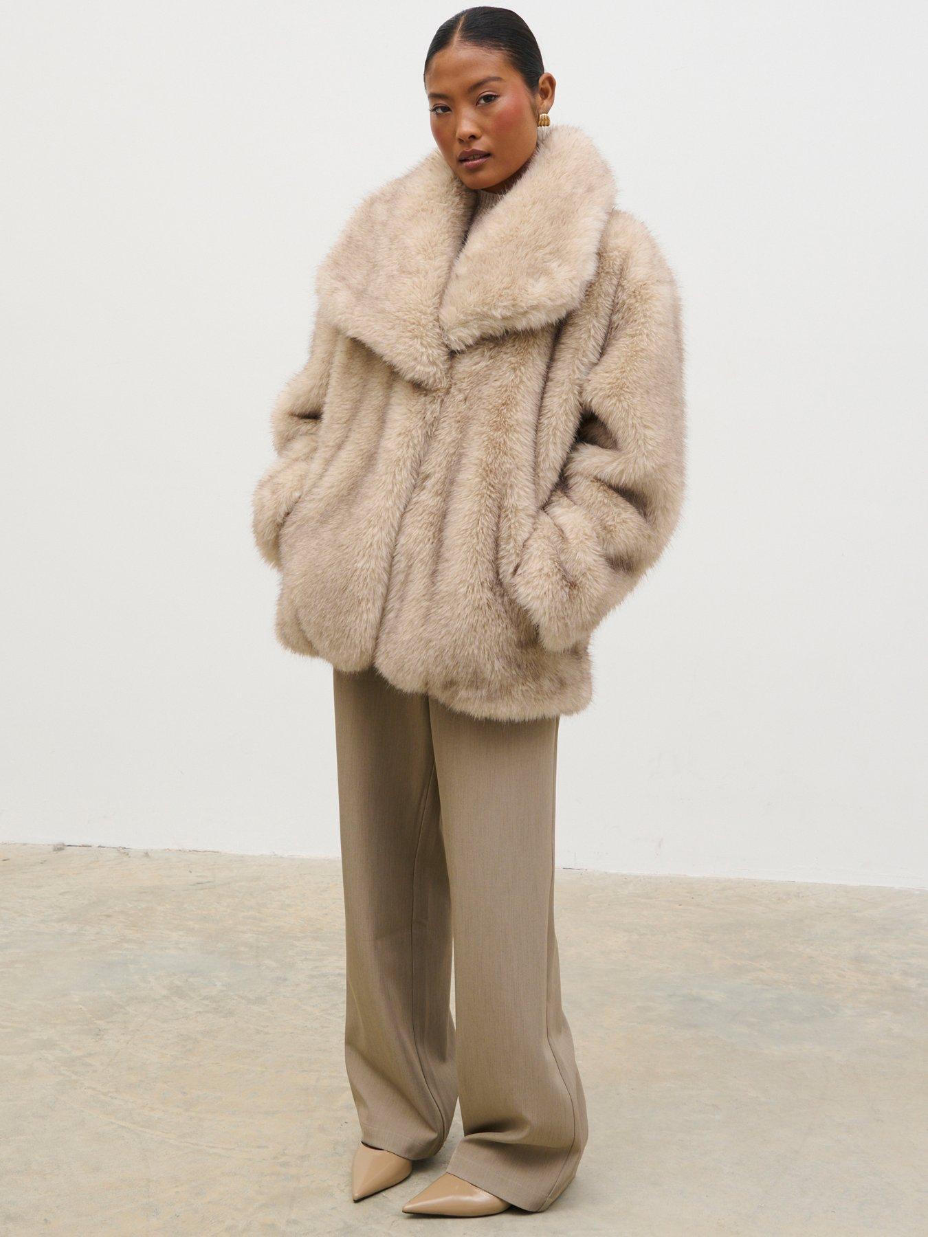 Pretty Lavish Agatha Exaggerated Collar Faux Fur Coat - Beige | Very