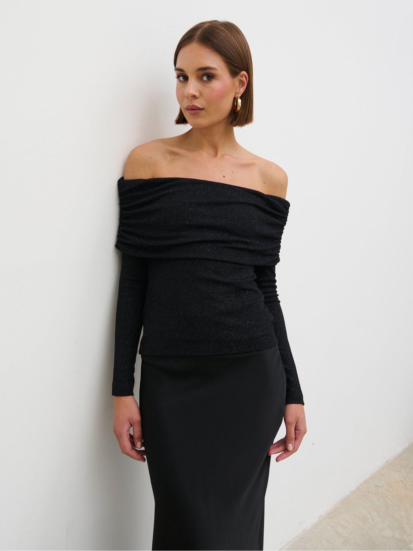 Pretty Lavish Perrie Bardot Lurex Jersey Top - Black
