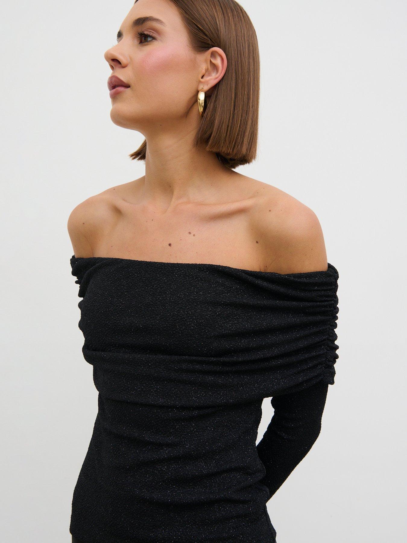 Pretty Lavish Perrie Bardot Lurex Jersey Top - Black