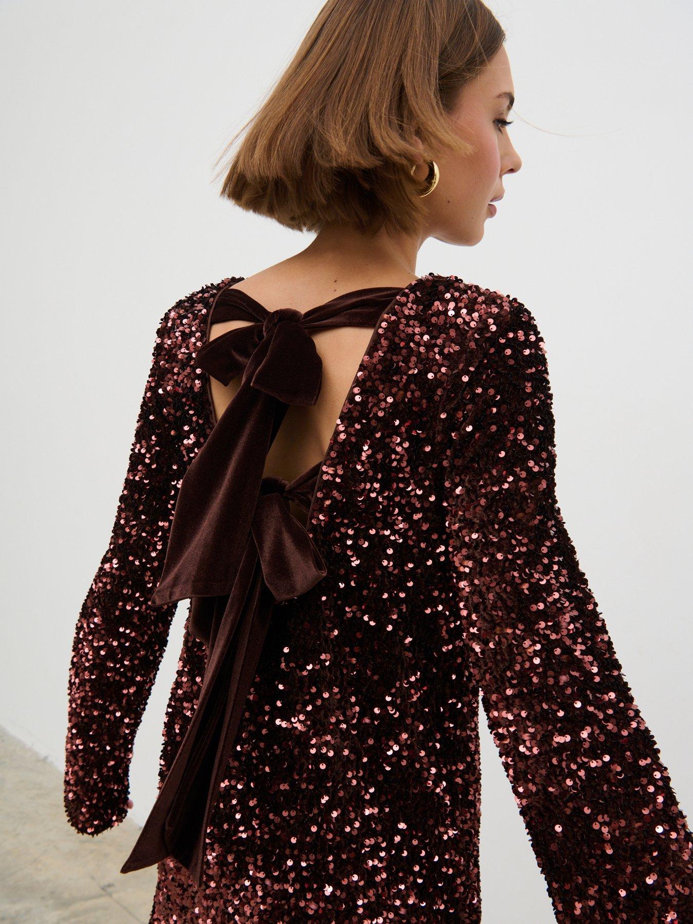 Image 3 of 4 of Pretty Lavish Bow Sequin Mini Dress - Brown