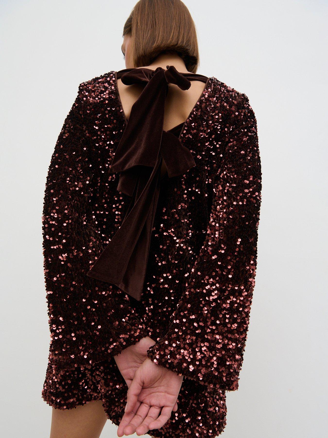 Image 4 of 4 of Pretty Lavish Bow Sequin Mini Dress - Brown