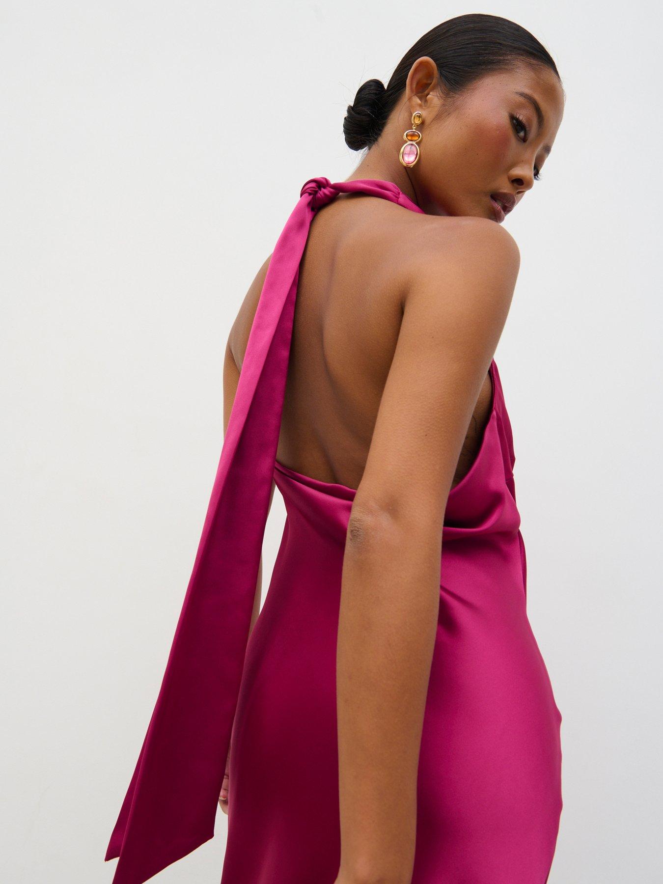 high neck backless midaxi dress in pink Cyndi Open Back Halterneck Maxi Dress Hot Pink main image 0