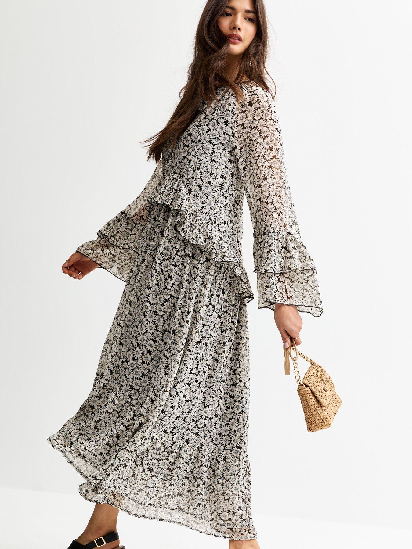 undefined Daisy Print Frilly Trim Chiffon Midi Dress - Cream
