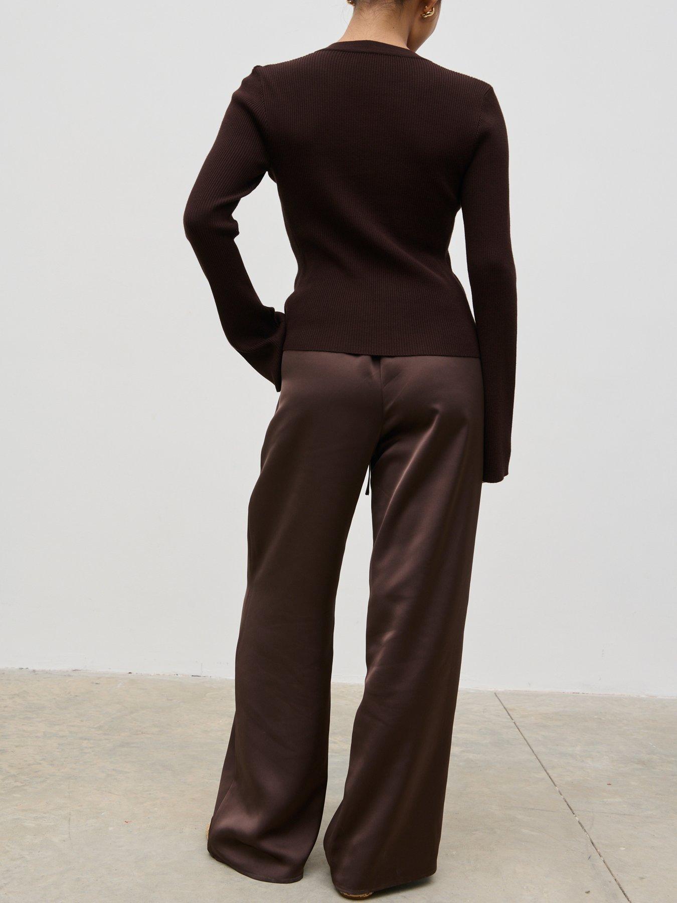 Image 4 of 5 of Pretty Lavish Breya Satin Drawstring Trousers - Brown