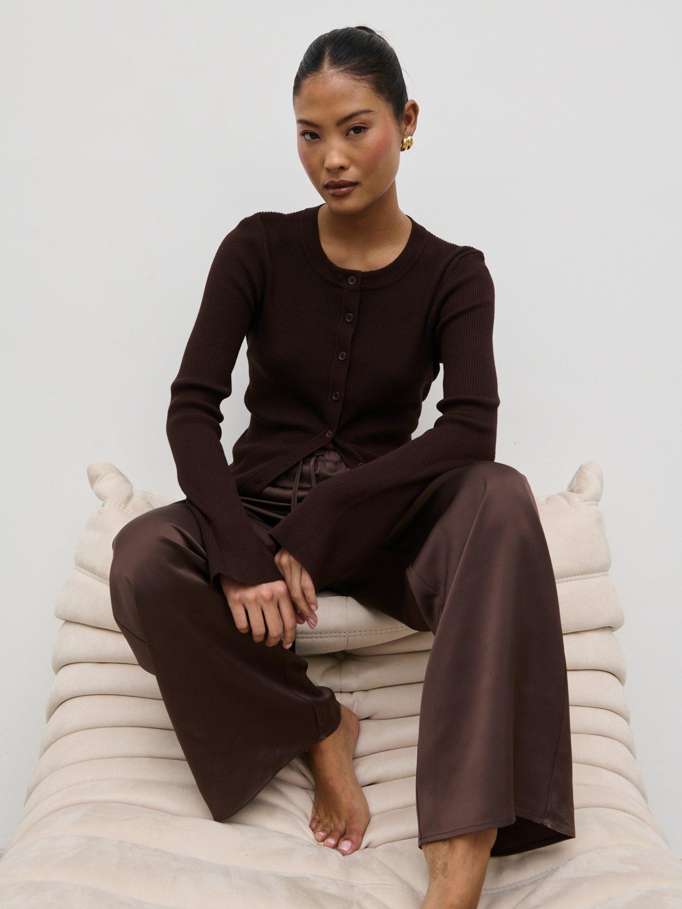 Image 5 of 5 of Pretty Lavish Breya Satin Drawstring Trousers - Brown