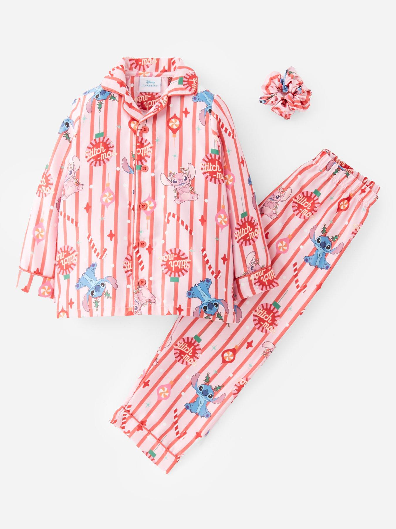 Image 1 of 4 of Disney Lilo & Stitch Angel &amp; Stitch Festive Satin Pyjamas With Scrunchie - Red