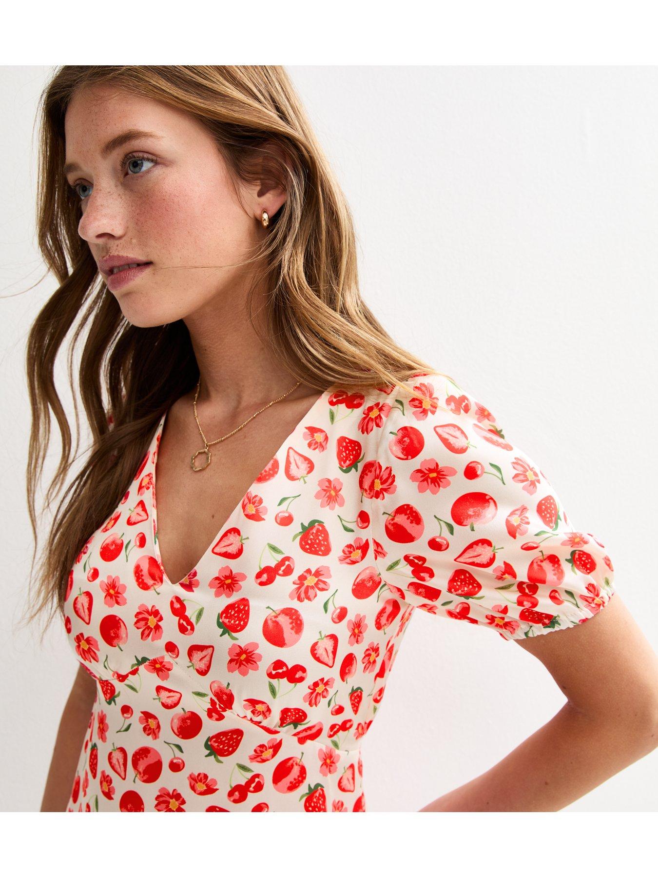 New Look Strawberry Print Tie Back Satin Mini Dress White Very