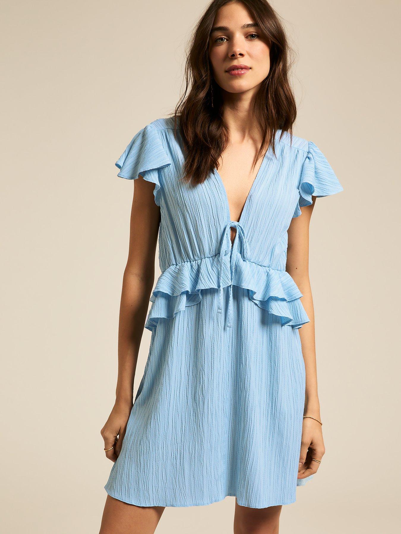 undefined Crinkle Texture Flutter Sleeve Mini Dress - Blue