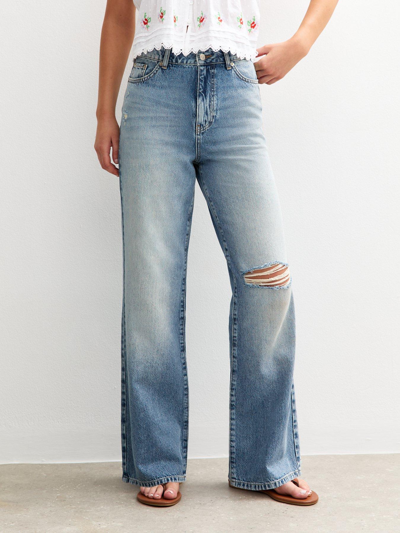 undefined High Waist Ripped Knee Adalae Wide Leg Jeans - Blue