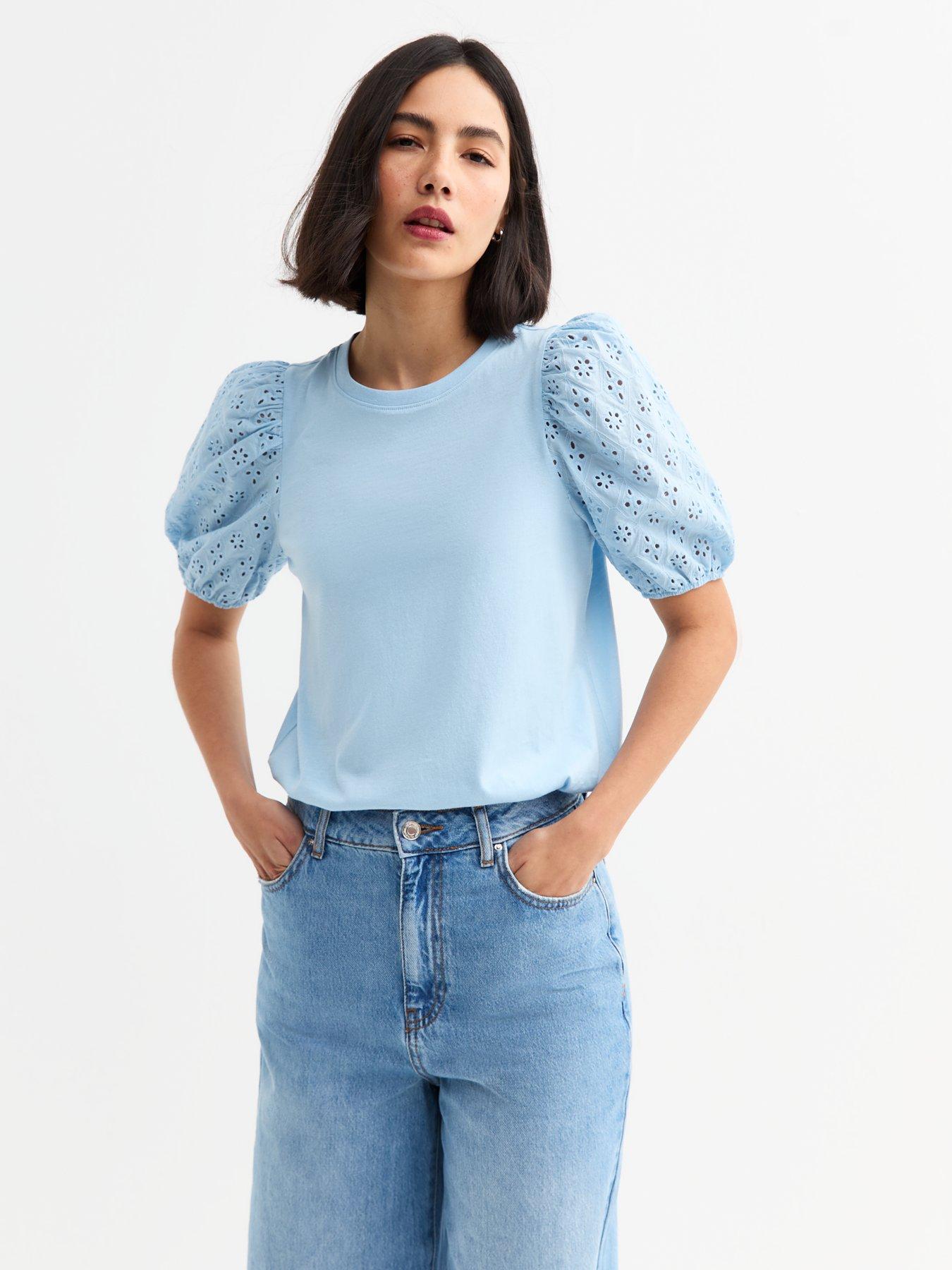 undefined Broderie Anglaise Sleeve Jersey Top - Blue