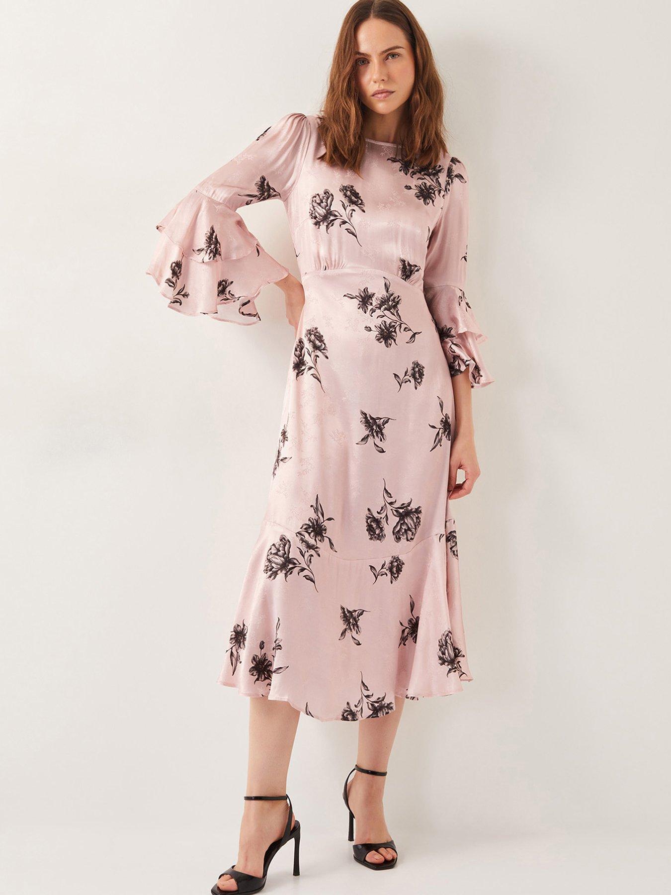 undefined Pelia Floral Satin Ruffle Midi Dress-  Pink