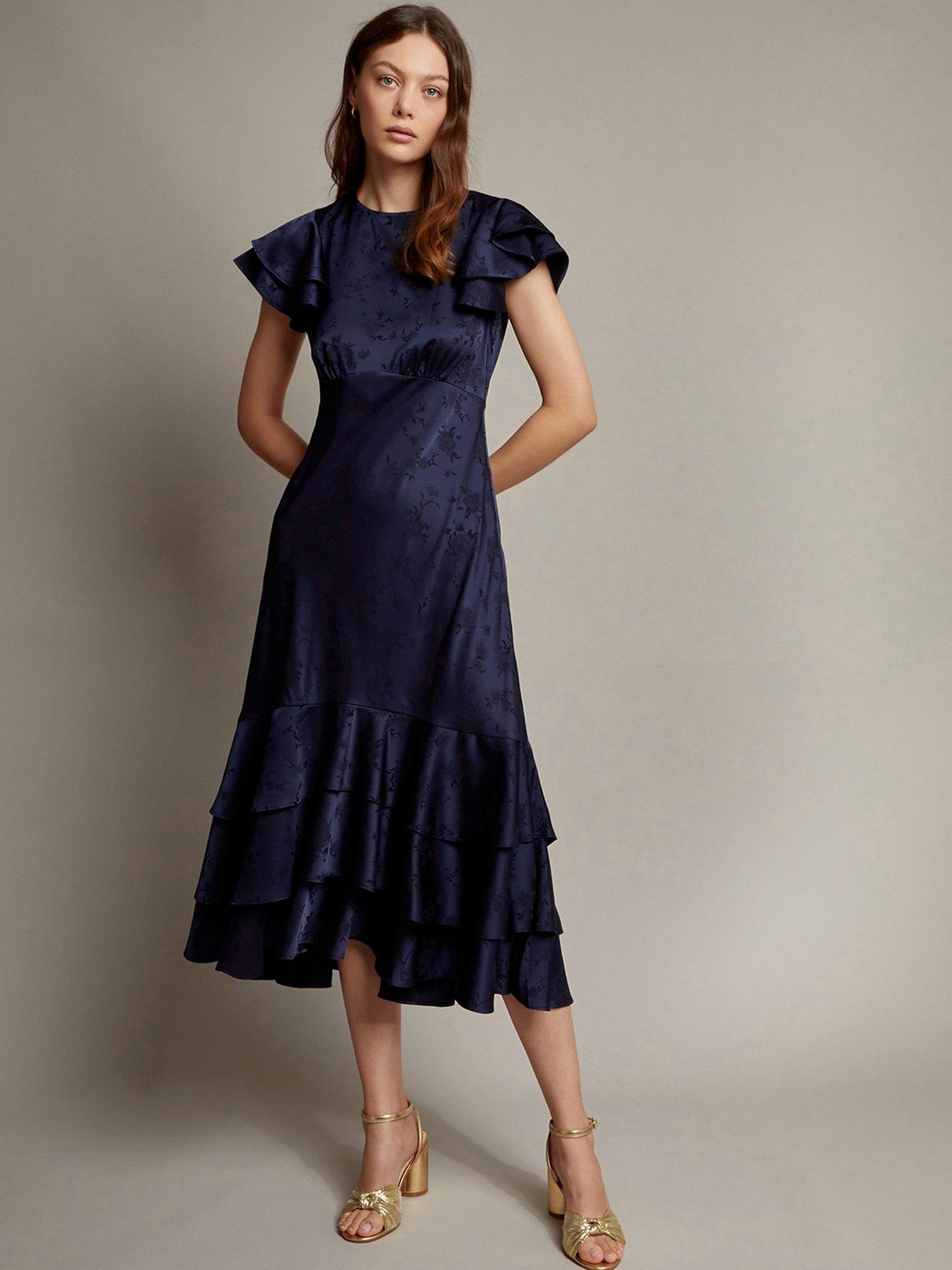 undefined Ester Satin Ruffle Midi Dress - Blue