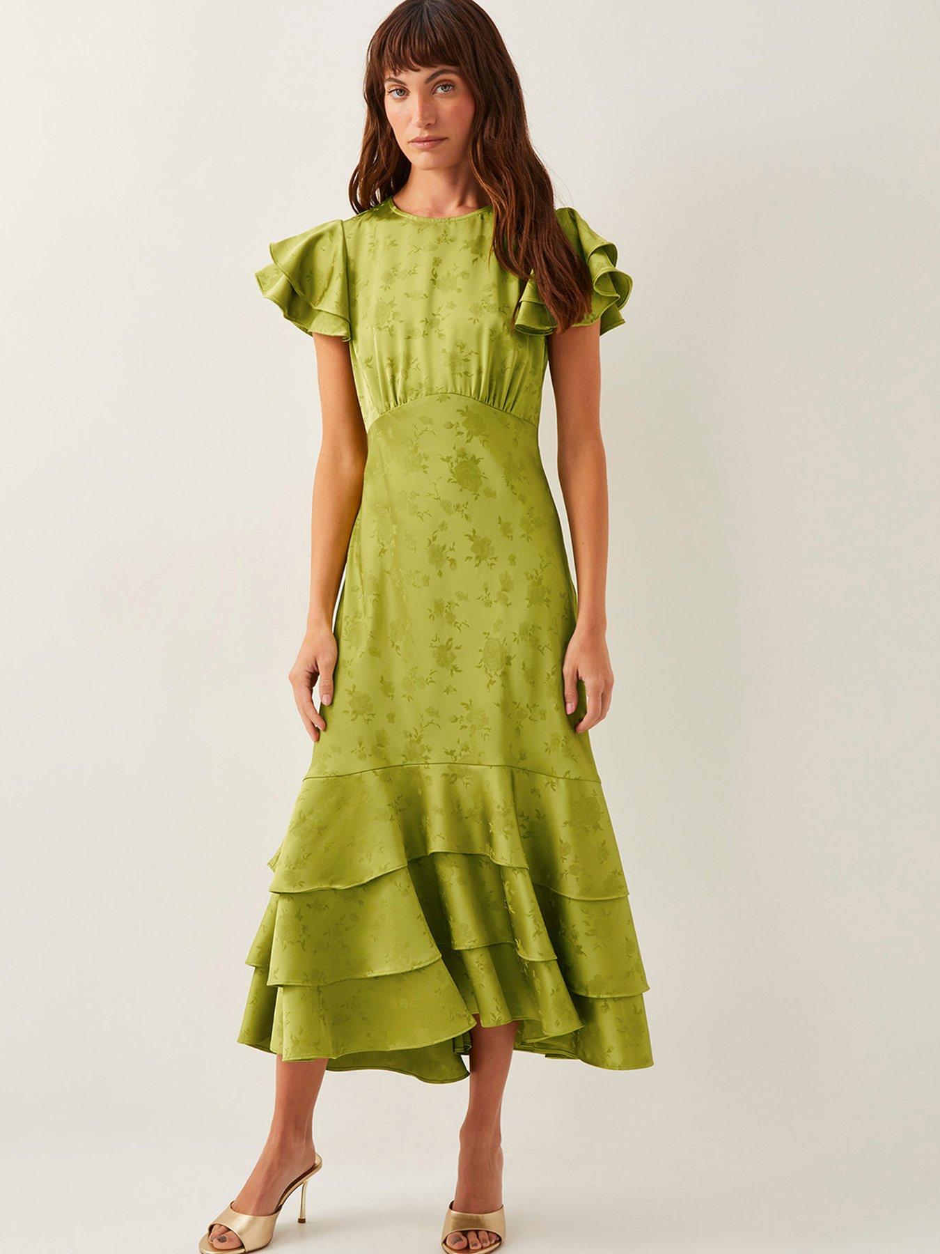 undefined Ester Satin Ruffle Midi Dress - Green