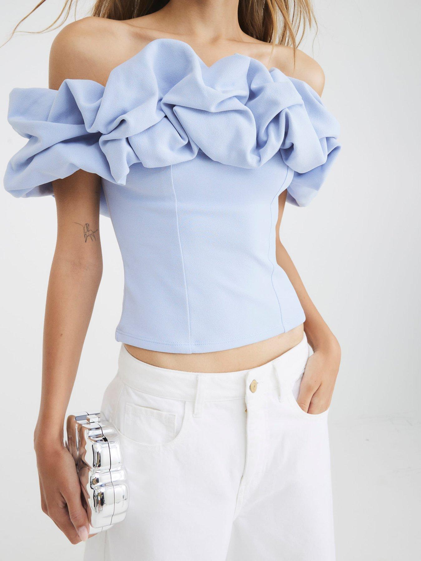 River Island Short Sleeve Ruffle Bardot Top - Blue | Very