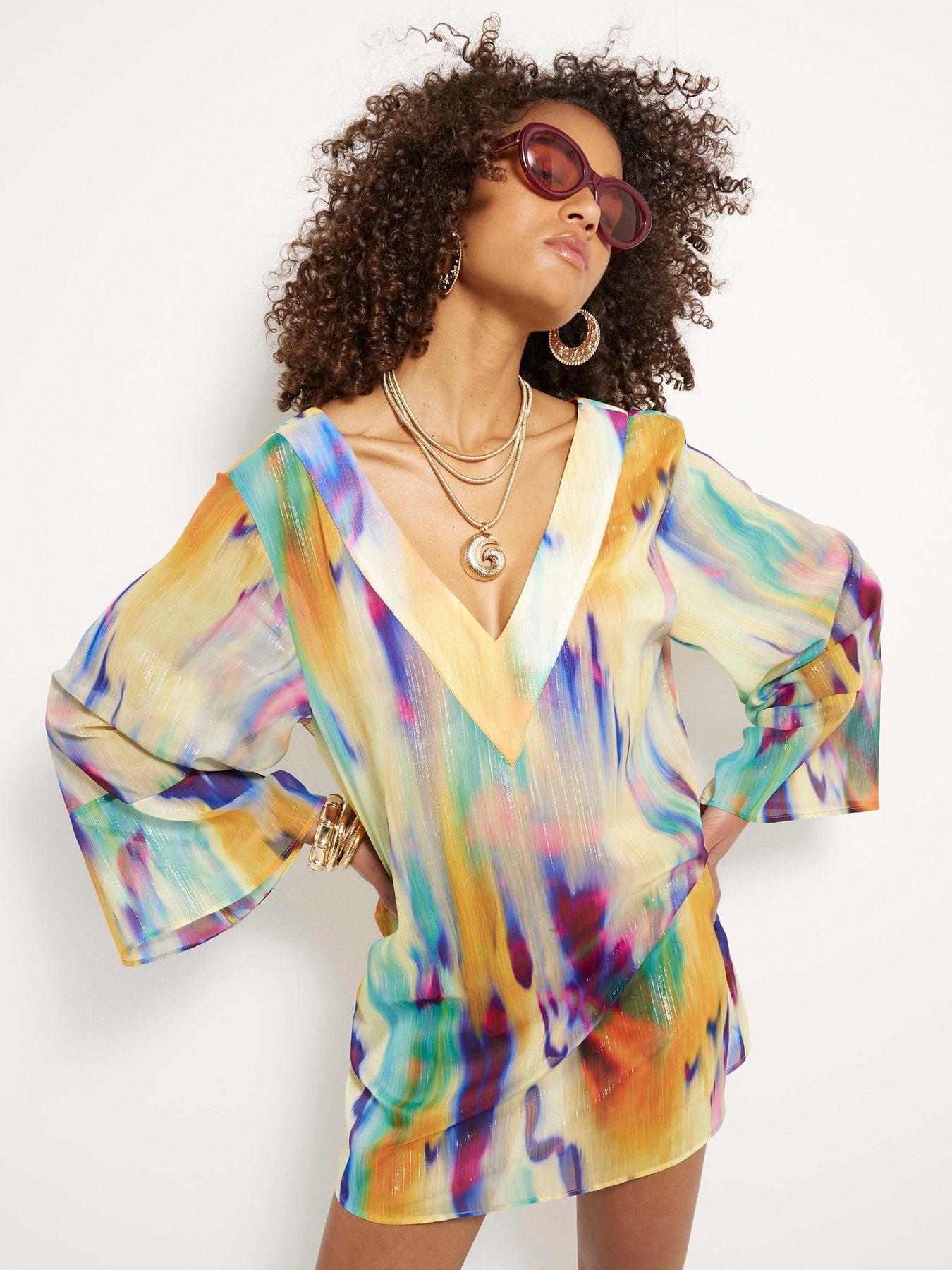 undefined Printed Long Sleeve Plunge Tunic - Yellow