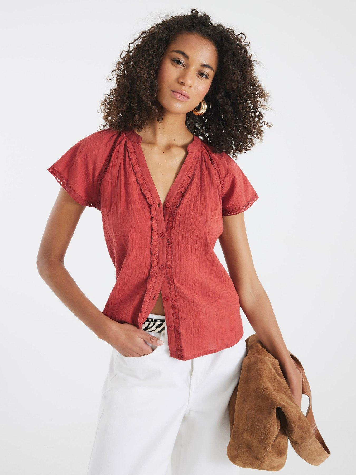 undefined Short Sleeve Frill V Neck Top - Brown