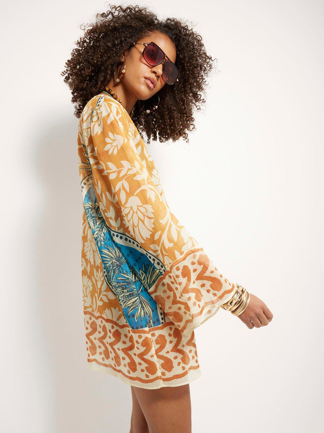undefined Printed Long Sleeve Plunge Tunic - Yellow