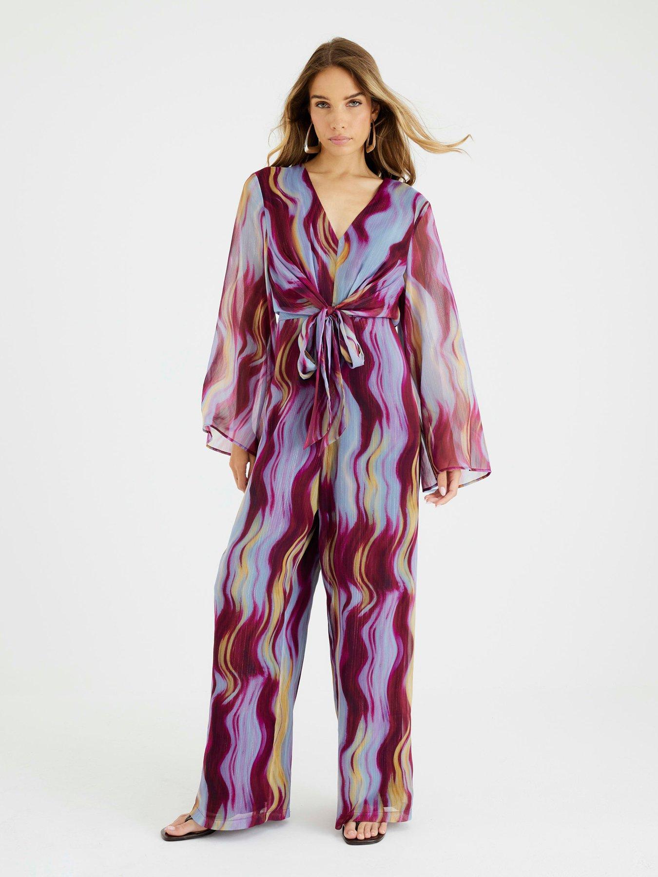 undefined Long Sleeve Tie Front Jumpsuit - Brown