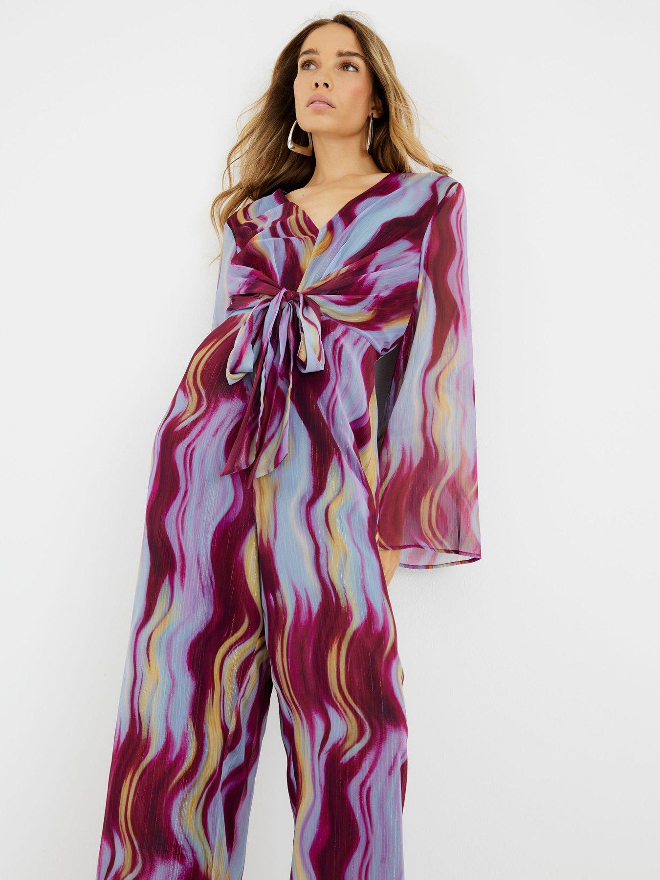 Image 2 of 4 of River Island Long Sleeve Tie Front Jumpsuit - Brown