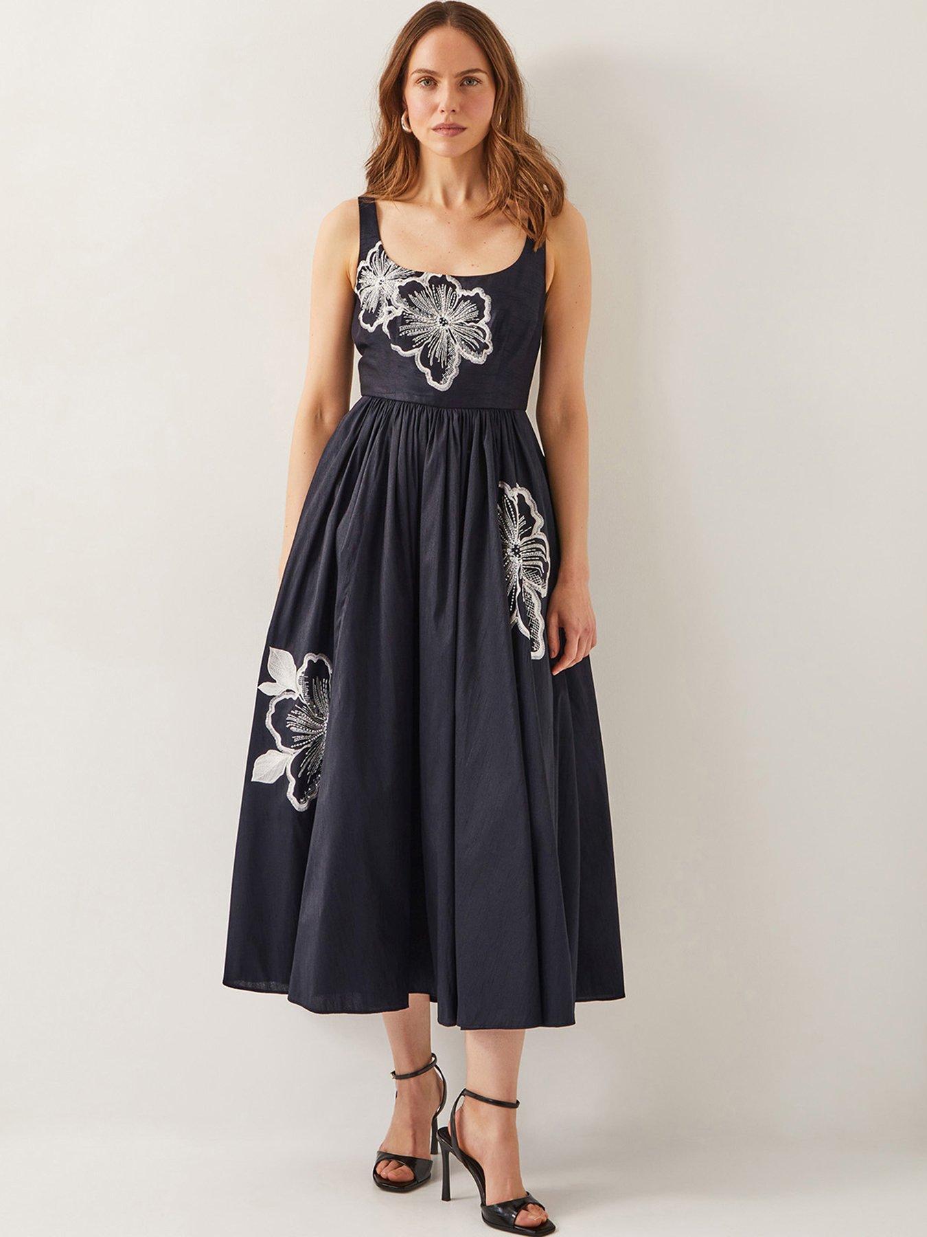 undefined Sophie Embroidered Fit  &  Flare Midi Dress - Black
