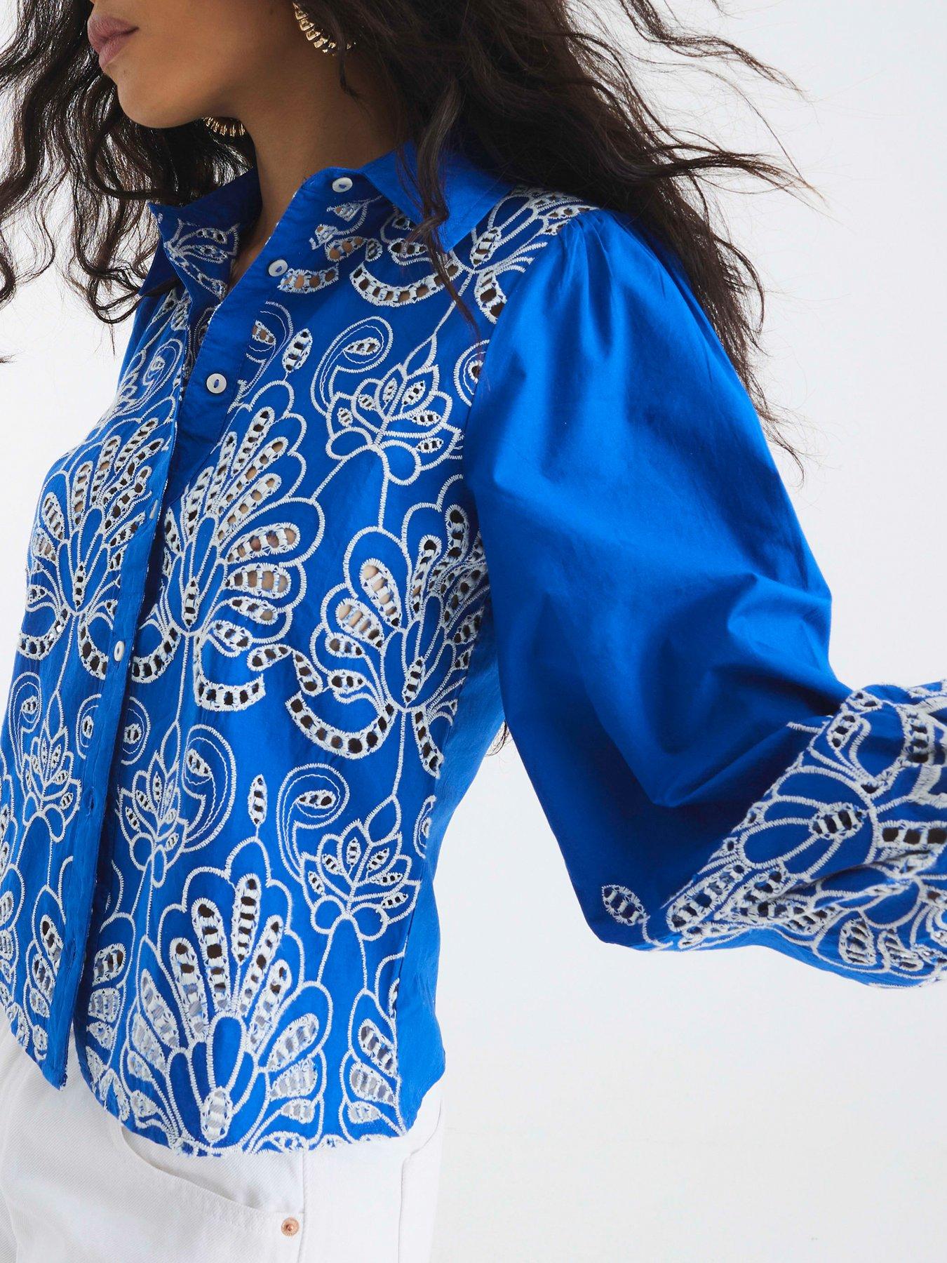 undefined Long Sleeve Cutwork Detail Shirt - Blue