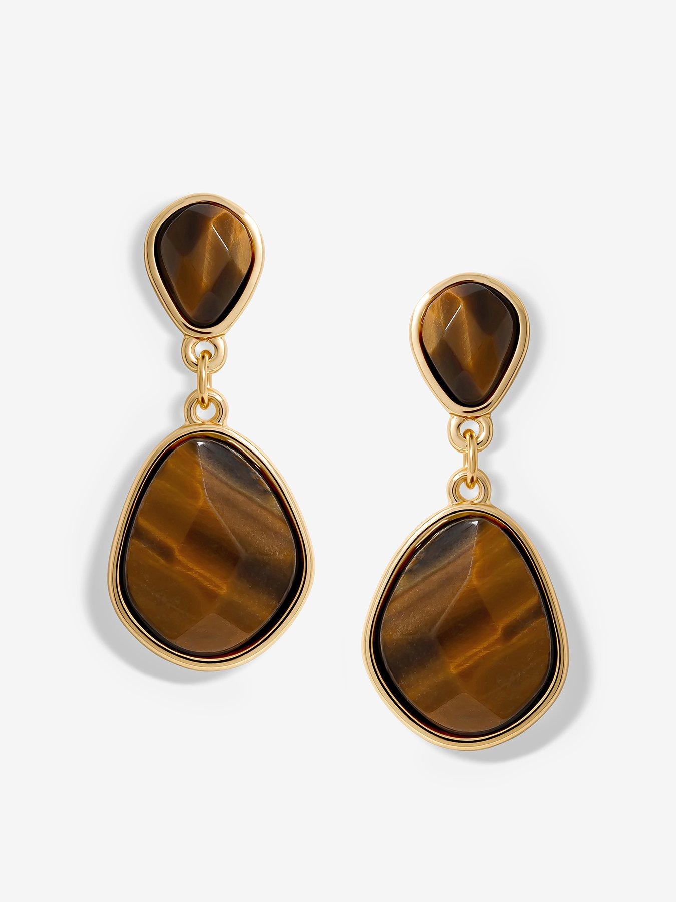 Jon Richard Gold Plated Tigers Eye Pear Drop Earrings