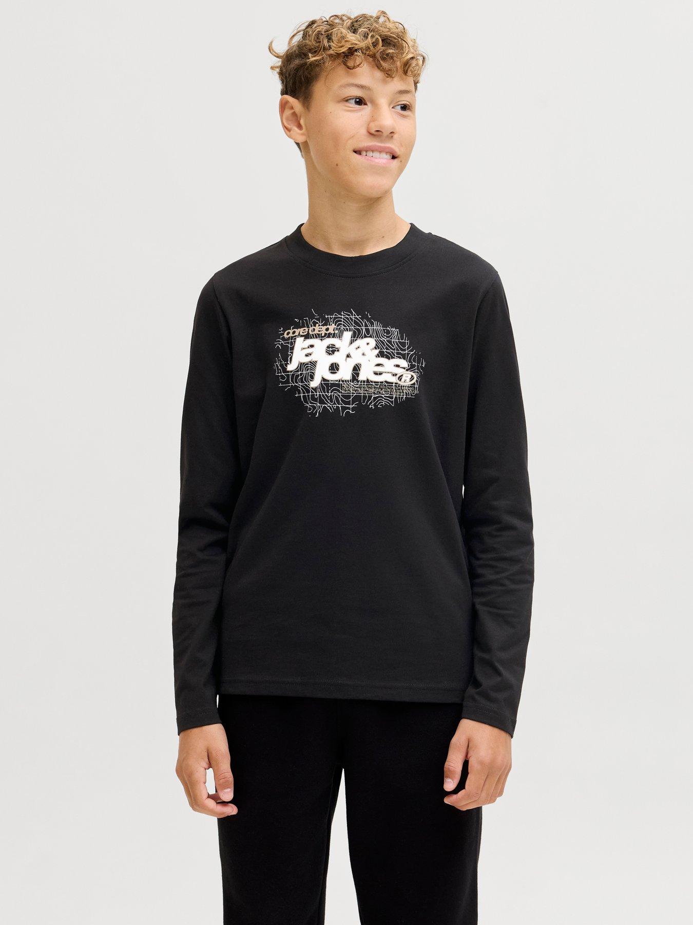 Jack & Jones Junior: Boys Grid Branding Long Sleeve T-Shirt - Black