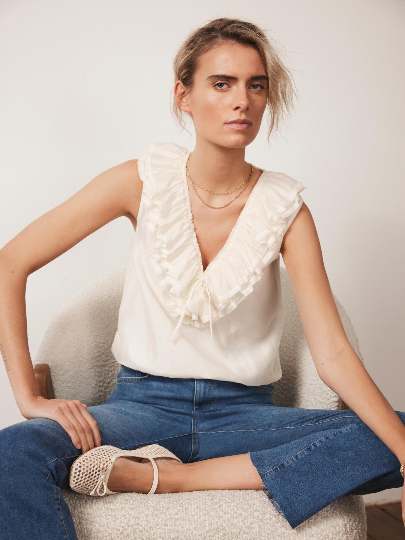 undefined Cream Ruffle Front Top
