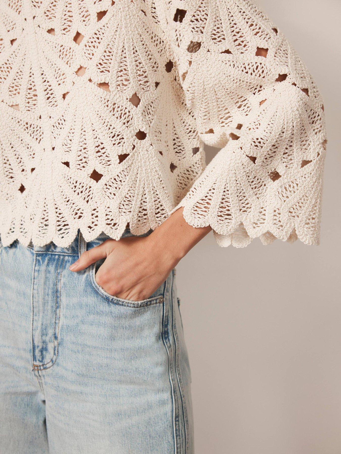 Image 4 of 6 of Mint Velvet Neutral Crochet Knit Top - Cream