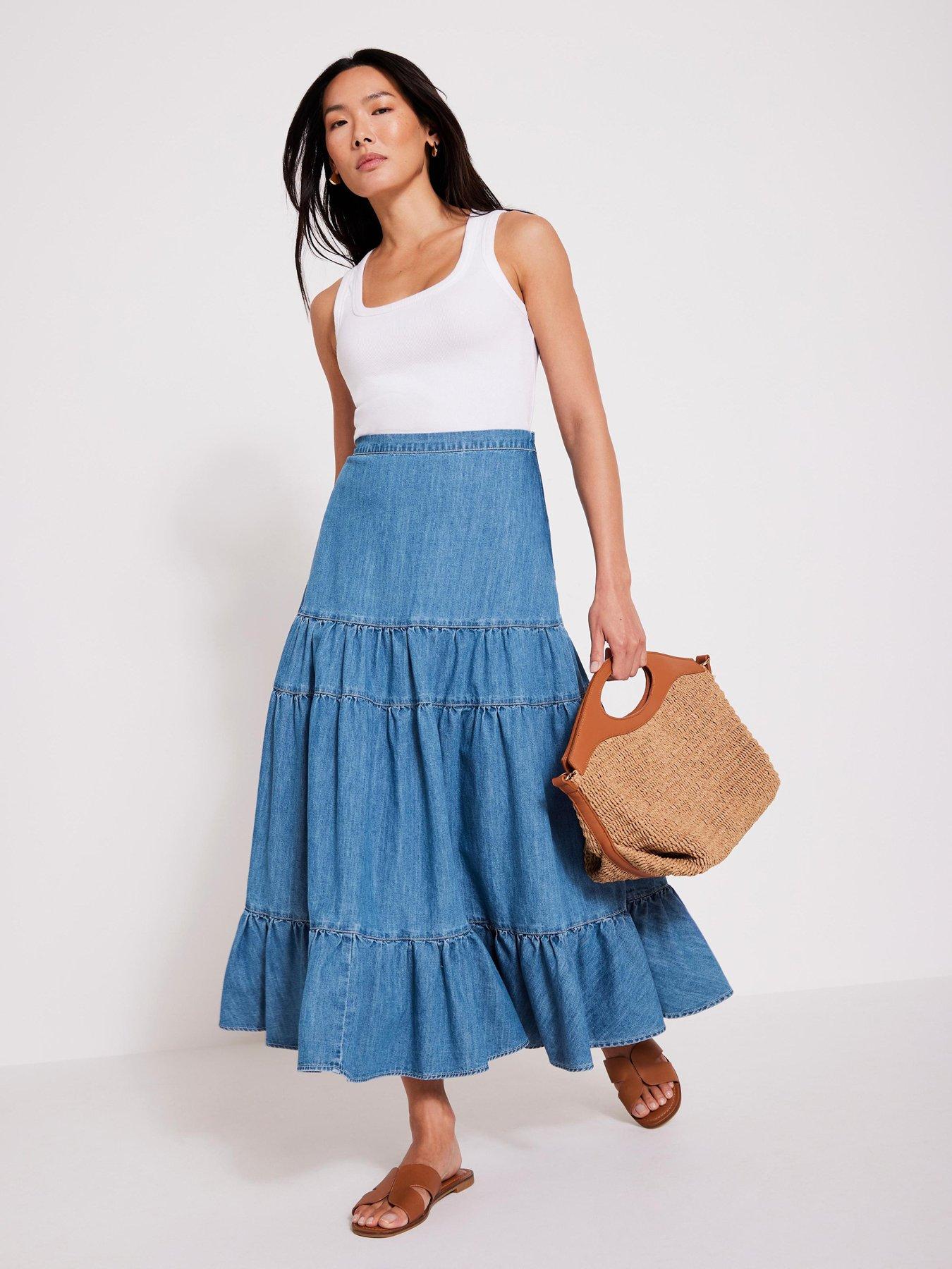 Image 1 of 6 of Mint Velvet Indigo Tiered Denim Skirt - Blue
