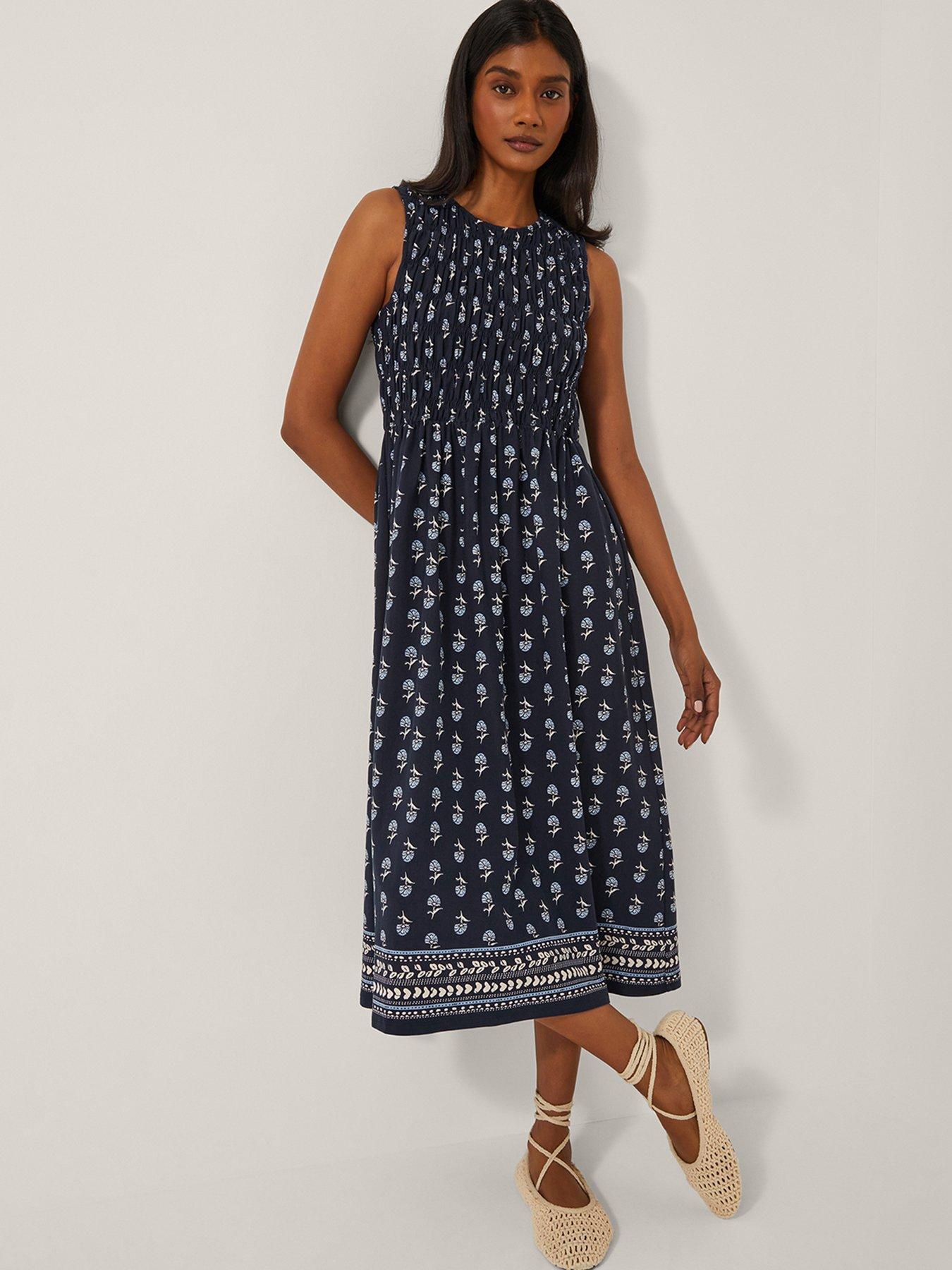 Monsoon Deniz Geo Shirred Dress - Navy