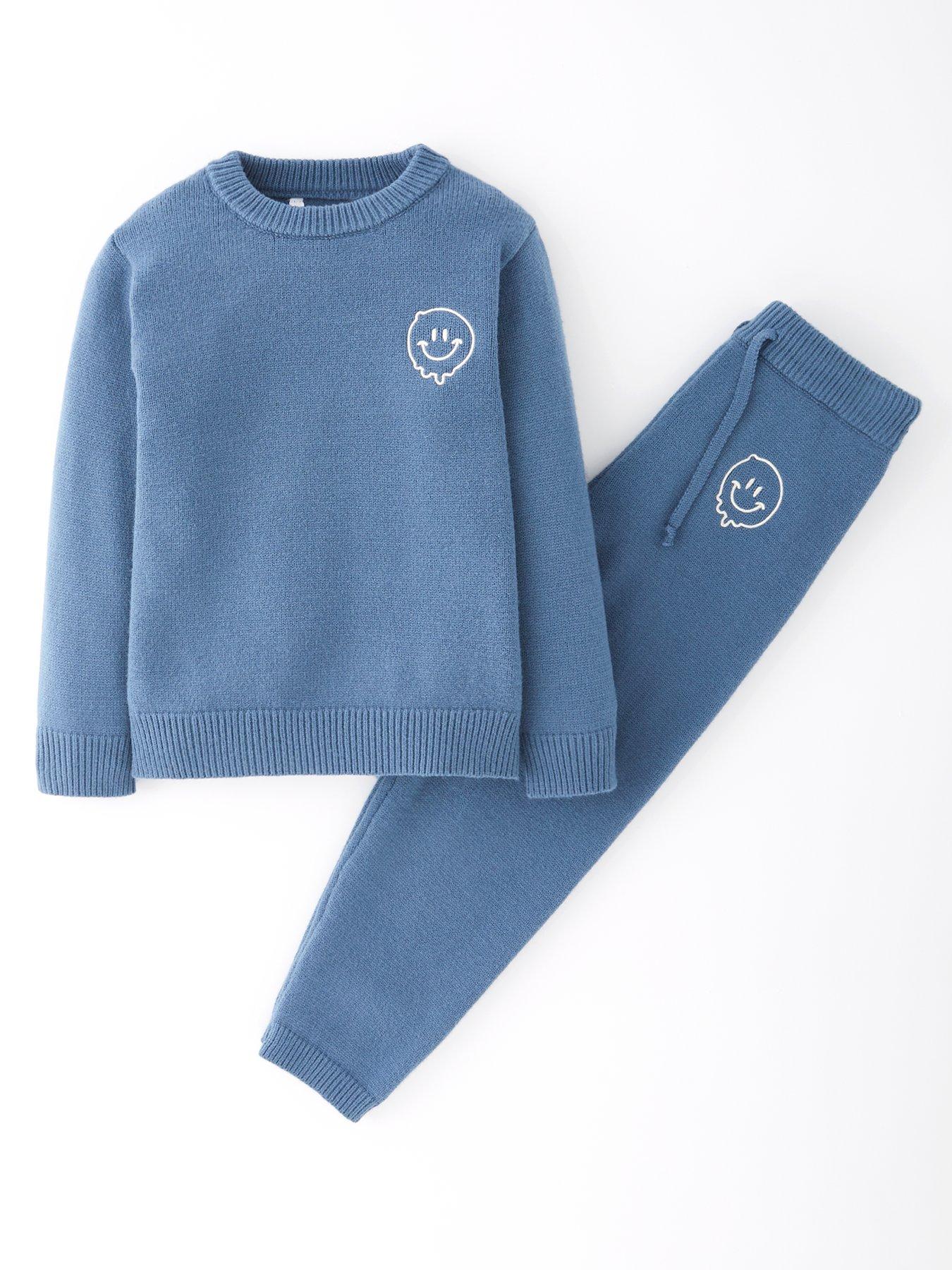 Mini V by Very: Boys Knitted Smiley Detail Jumper And Straight Leg Jogger Set - Navy