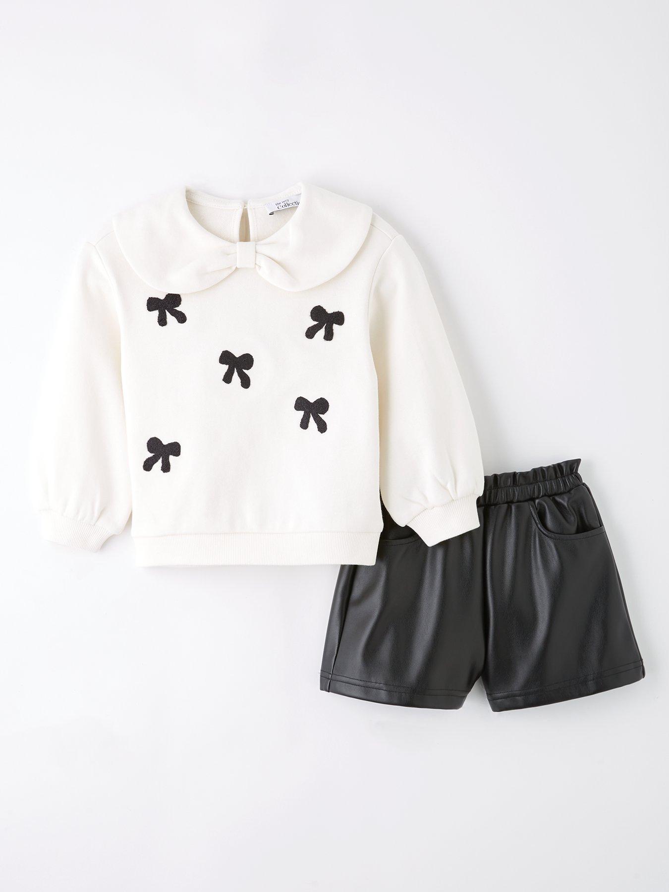 The Very Collection Girls Set - Collared Jumper With Embroidered Bows And PU Shorts - Black/Cream