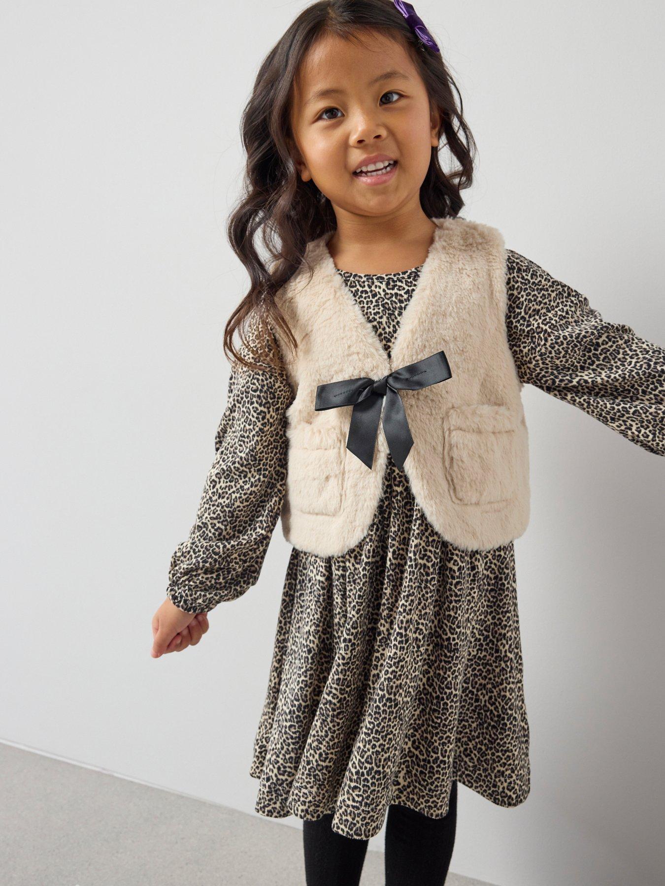 The Very Collection Girls Jersey Animal Printed Dress With Faux Fur Gilet - Print