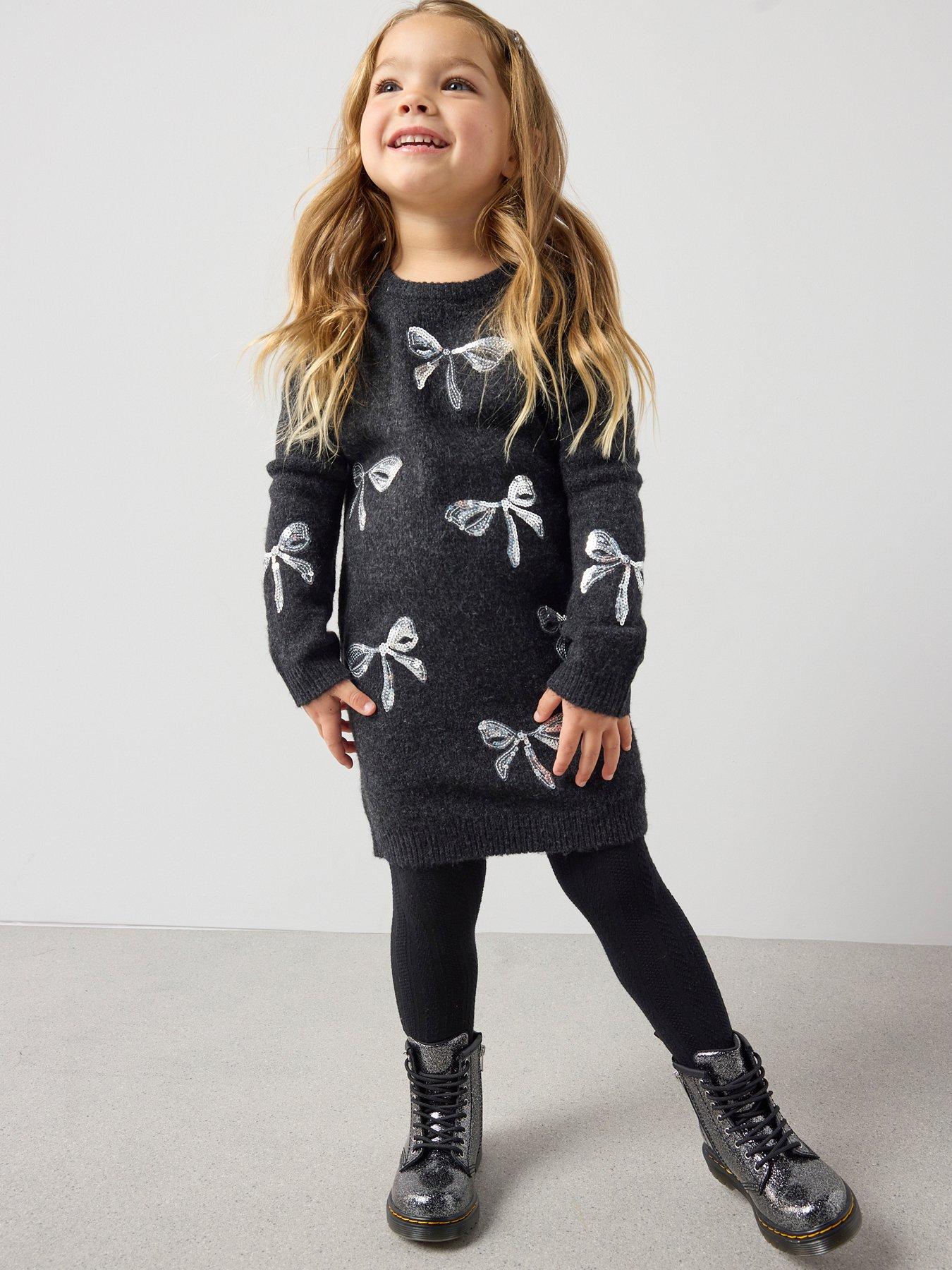 The Very Collection: Girls Knitted Bow Sequin Long Sleeve Dress - Black