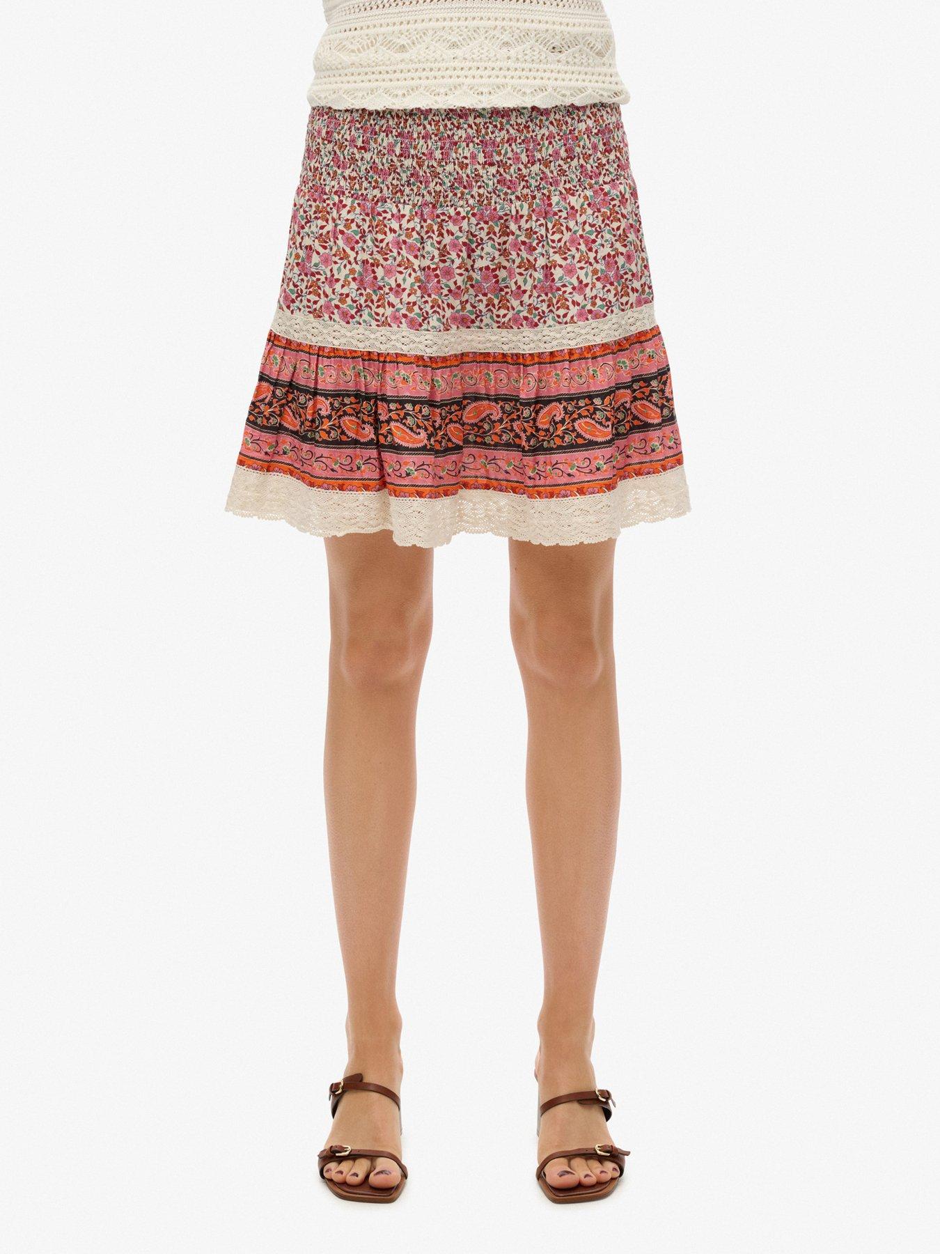Superdry Patchwork Mini Skirt, Pink, Size 14, Women