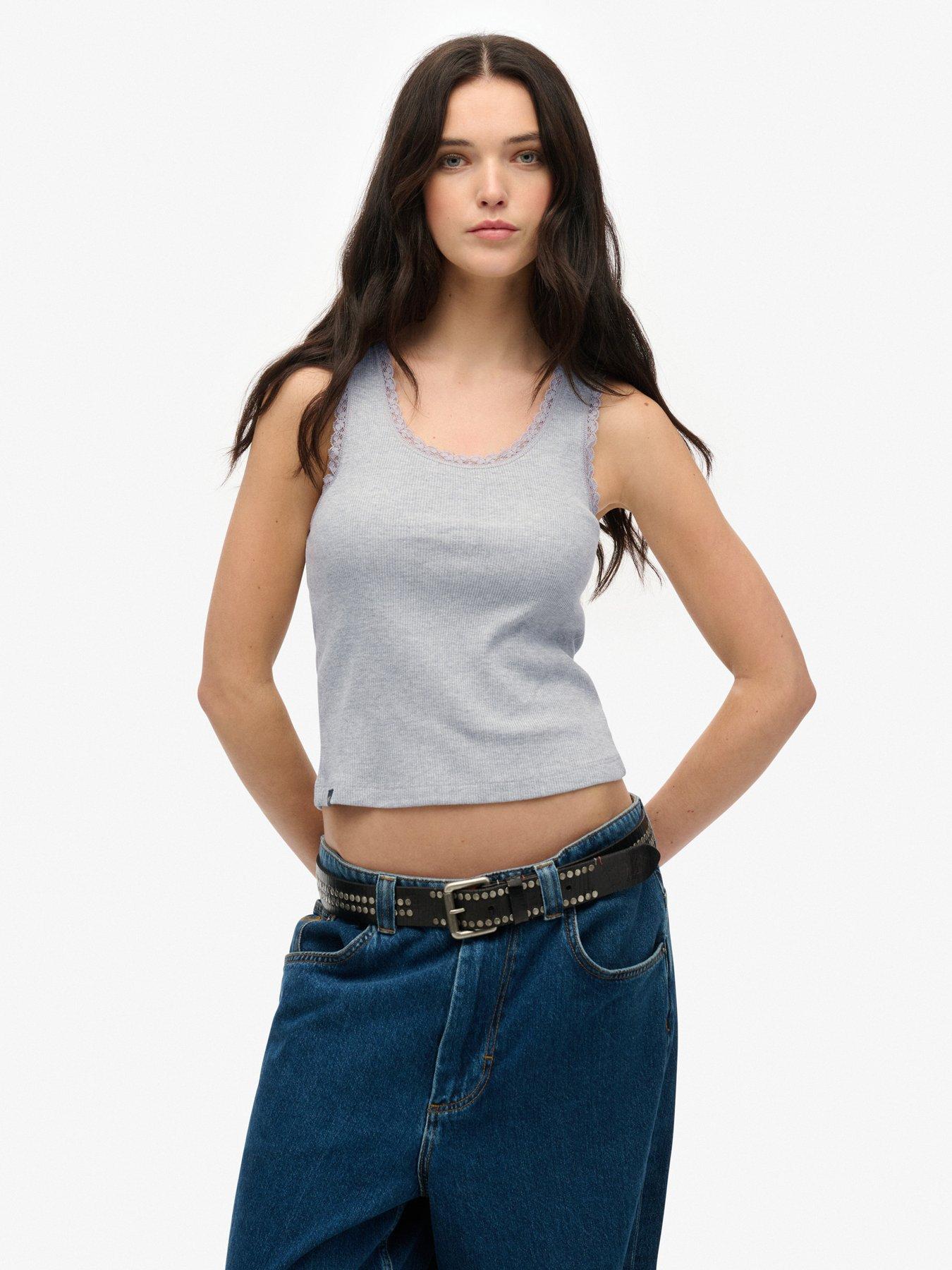 undefined Vintage Lace Trim Vest Top - Grey