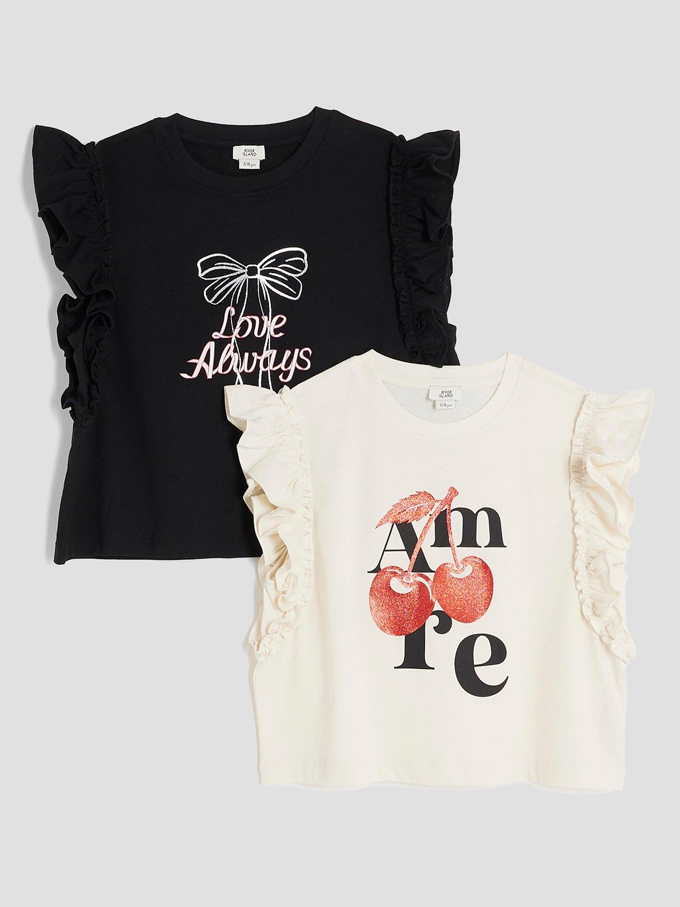 River Island Older Girls 2 Pack Frill T-Shirts, Cream, Size Age: 5-6 Years