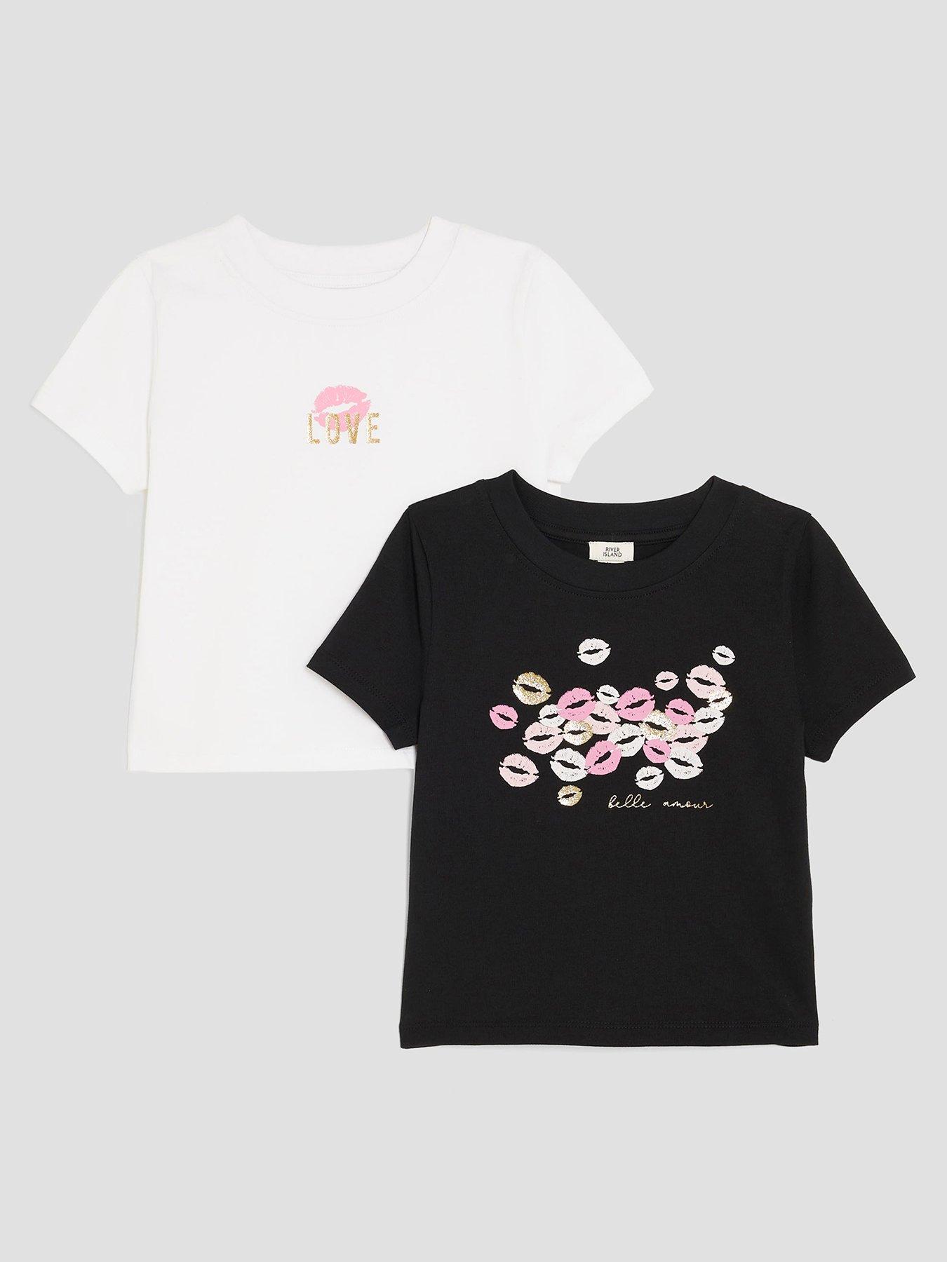River Island: Older Girls 2 Pack Lips Baby T-Shirts - Black