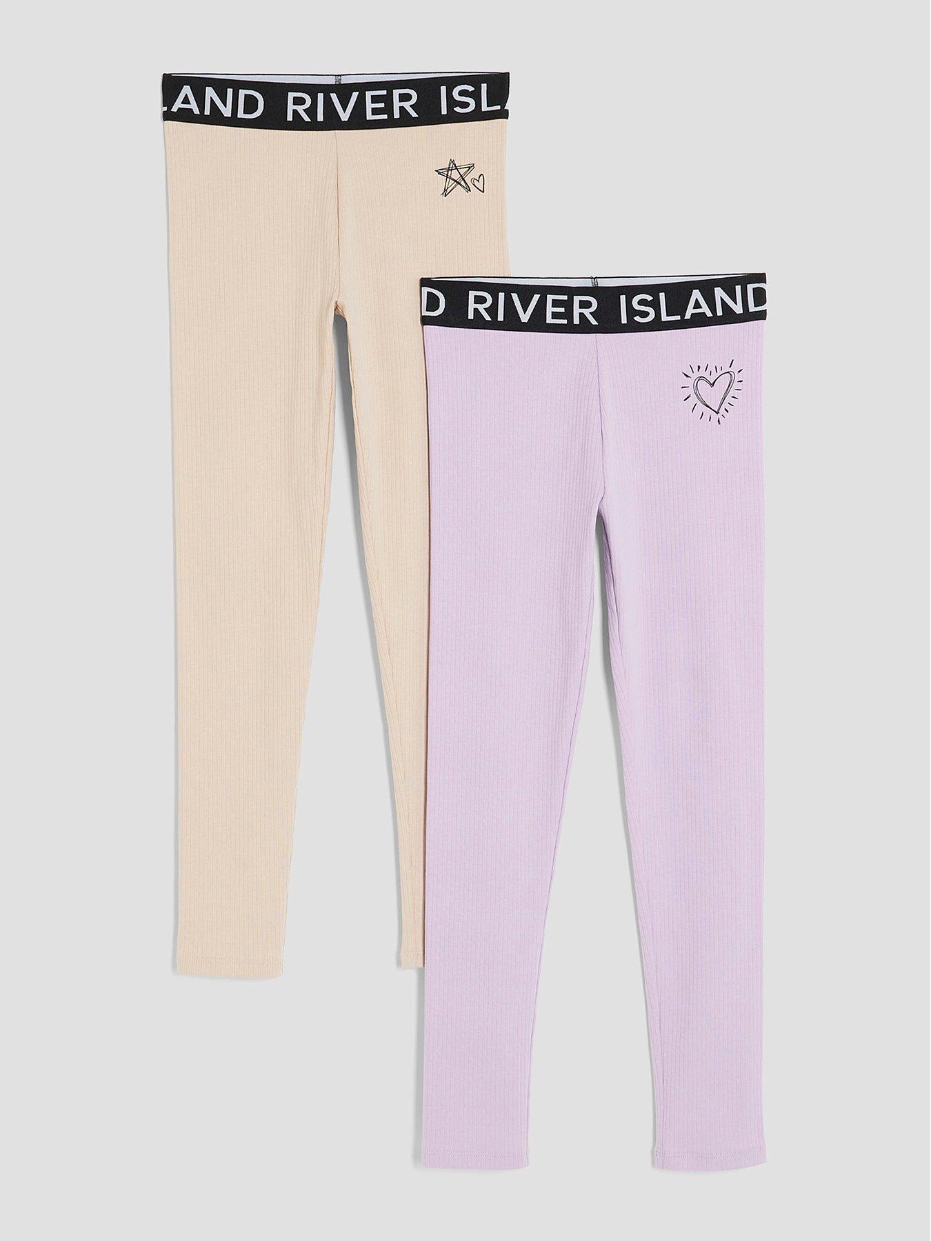 undefined Older Girls 2 Pack Ribbed Waistband Leggings - Beige/Purple