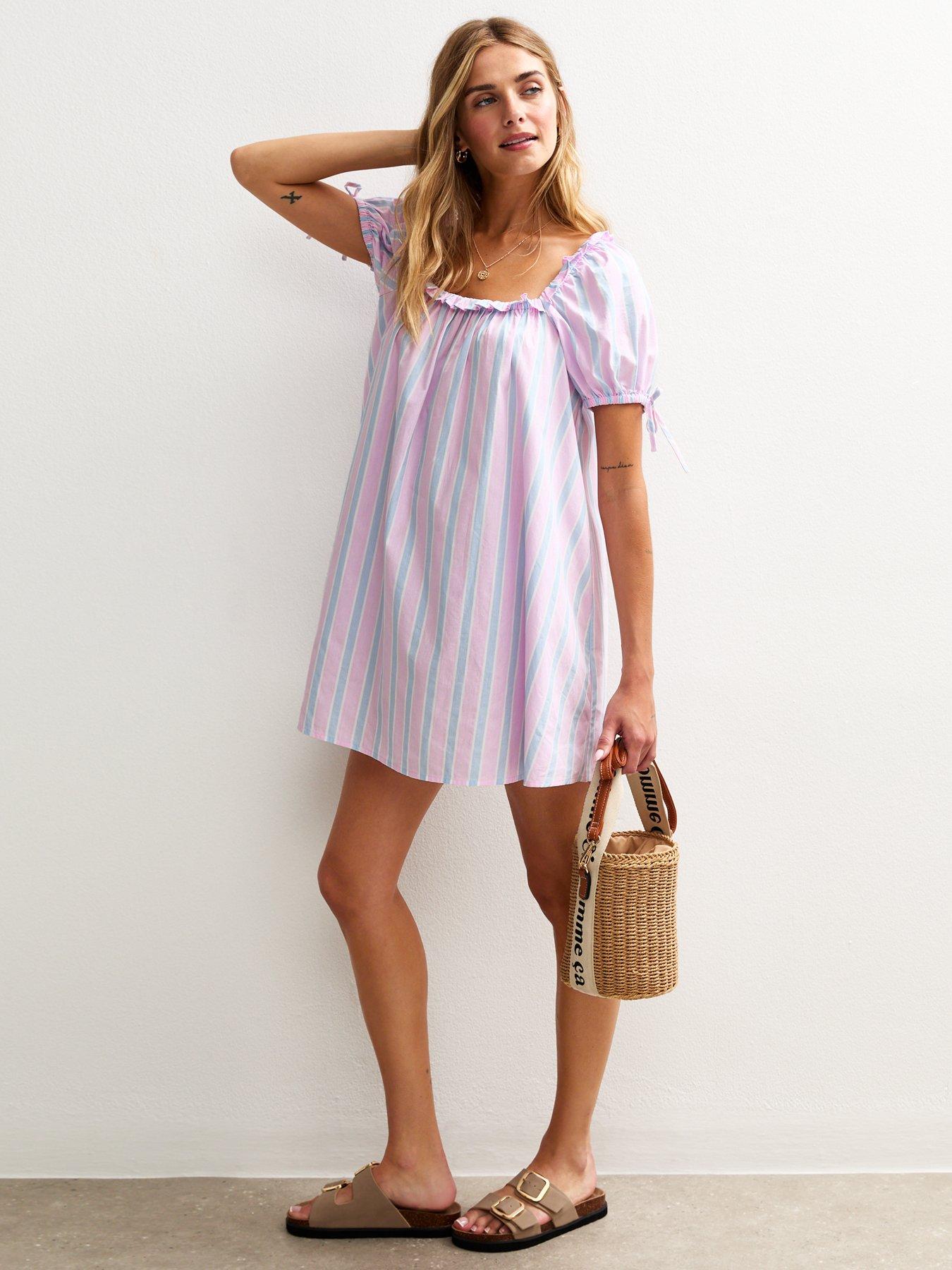 undefined Pink Stripe Square Neck Mini Dress - Pink