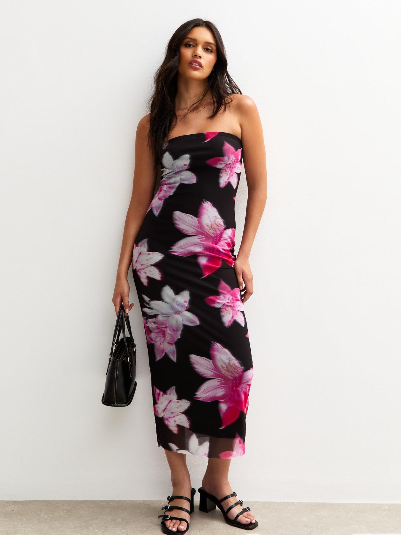 undefined Mesh Orchid Print Bandeau Midi Dress - Black