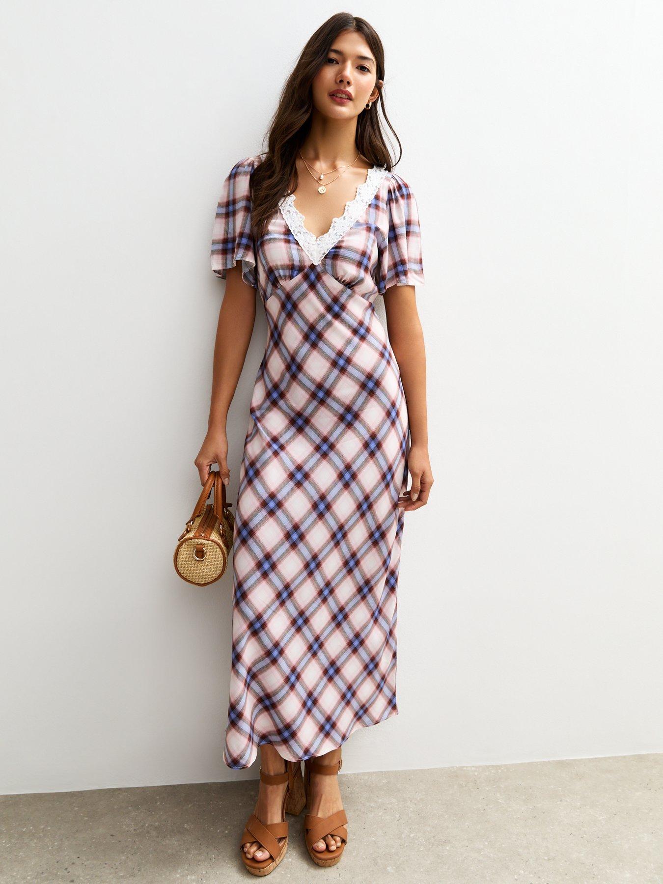 undefined Cream Check Pattern Lace Trimmed Midi Dress