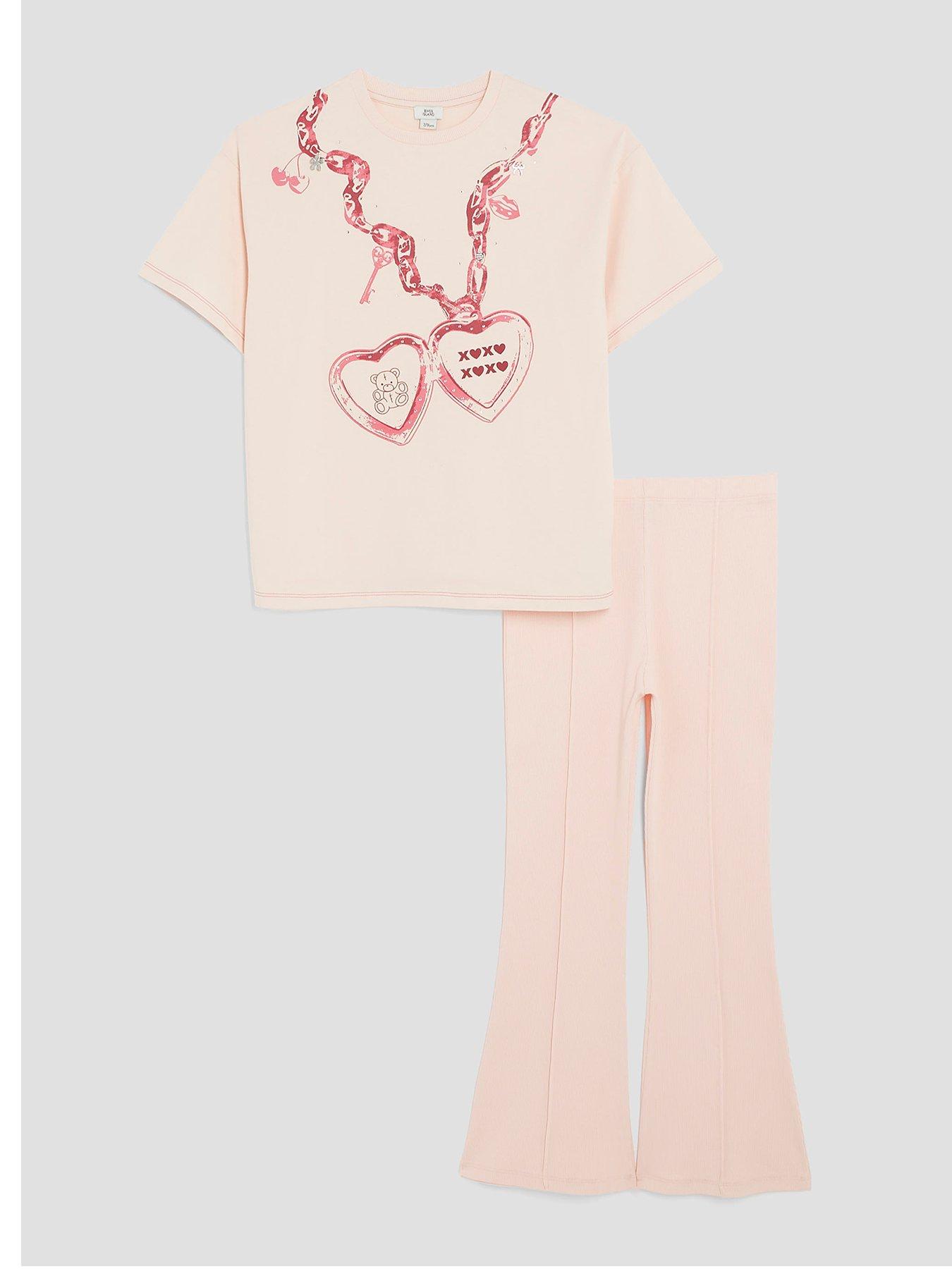 River Island Older Girls Heart T-Shirt  &  Flared Trousers Set - Pink