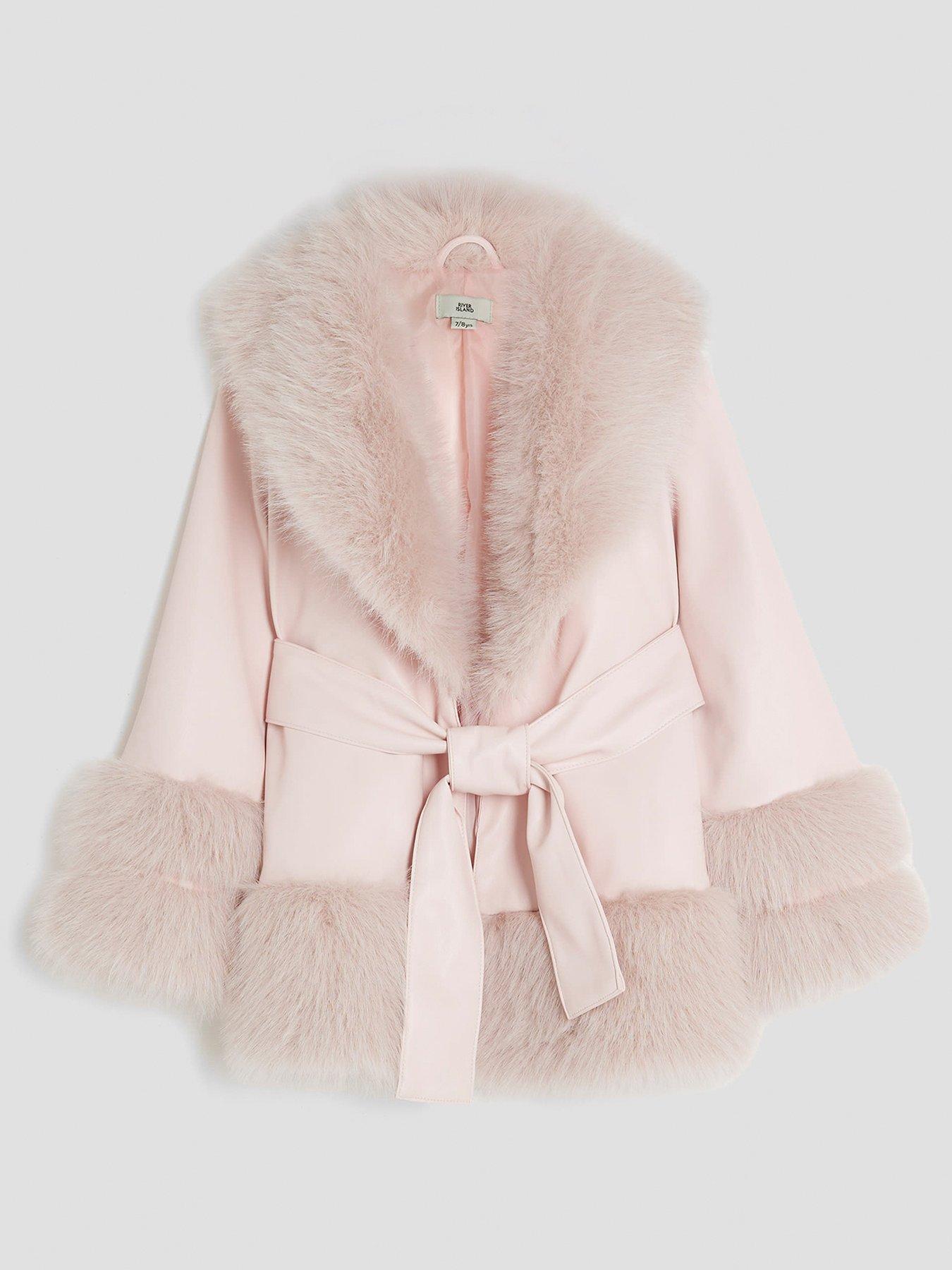 Image 1 of 4 of River Island Older Girls Faux Fur Wrap Coat - Pink