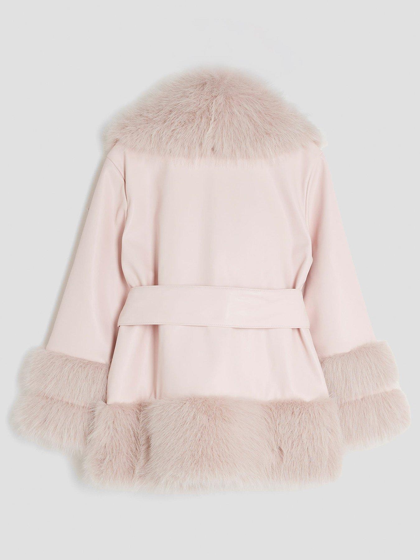 Image 2 of 4 of River Island Older Girls Faux Fur Wrap Coat - Pink