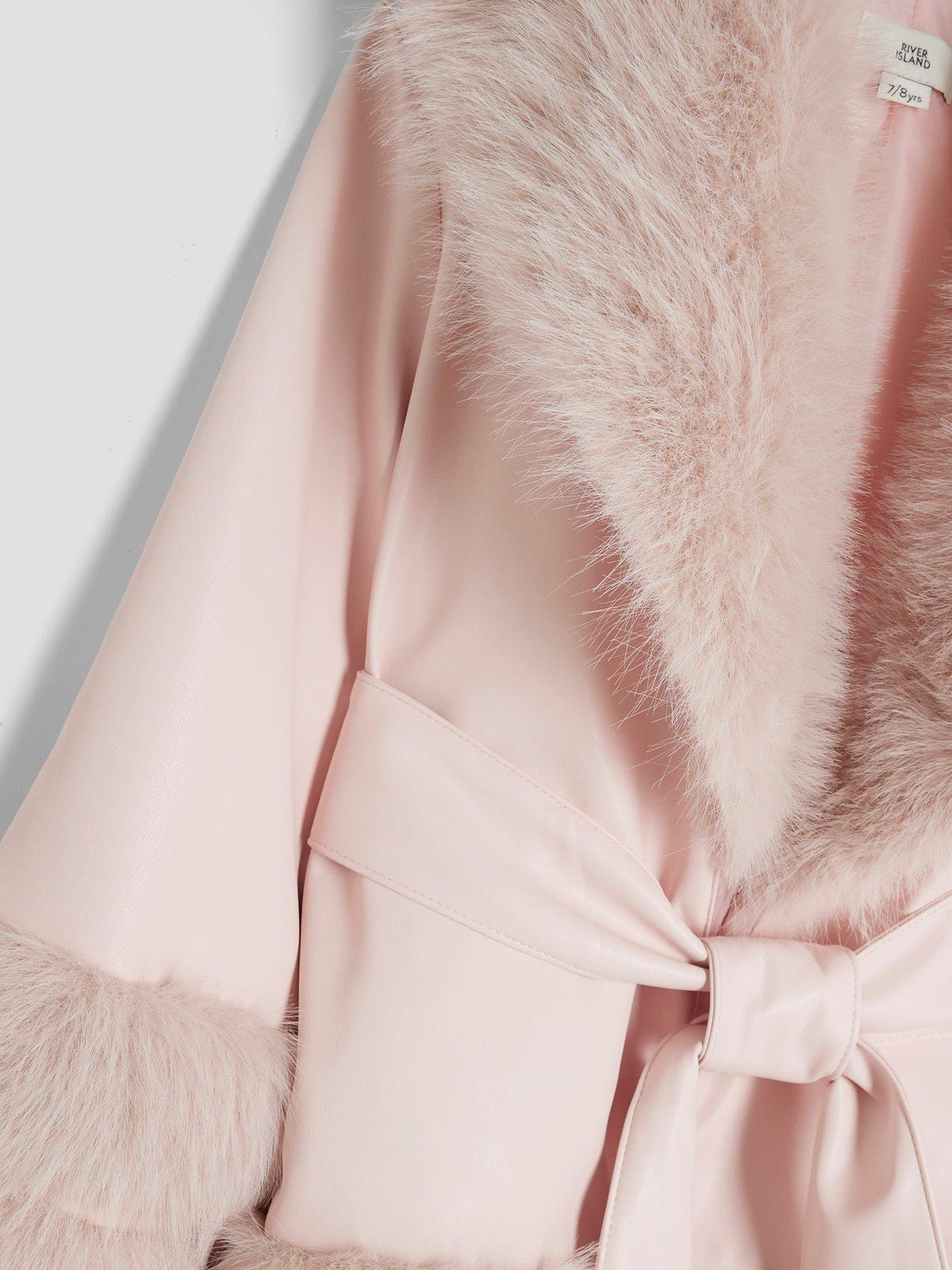 Image 3 of 4 of River Island Older Girls Faux Fur Wrap Coat - Pink